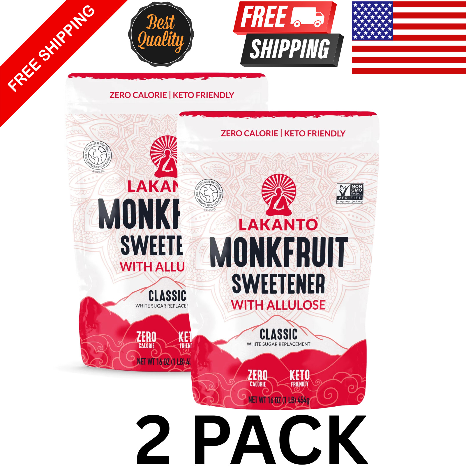 Lakanto Classic Monk Fruit Sweetener with Allulose, 1 lb, 1 Count, (PACK 2)