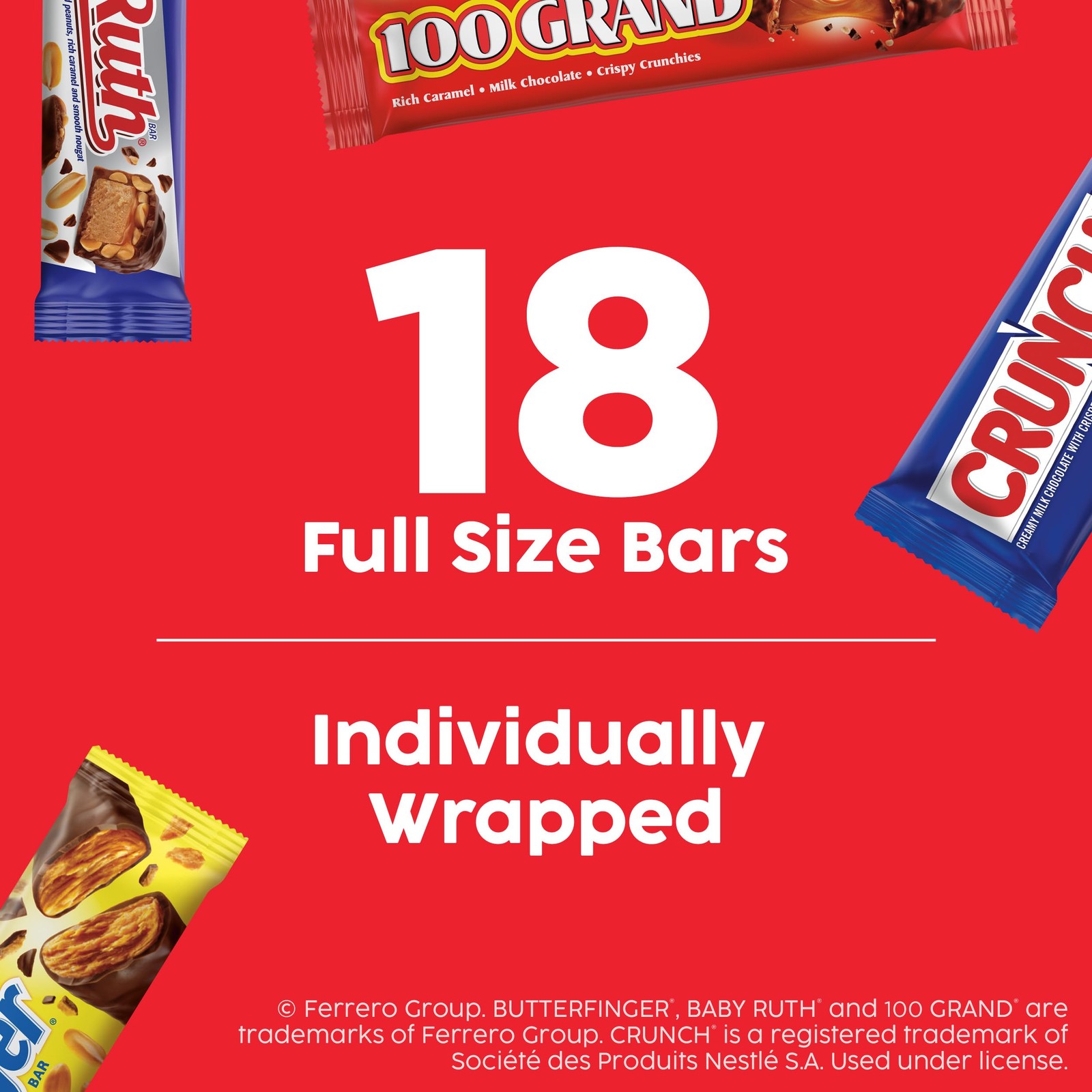 Assorted , Crunch, Baby Ruth, and 100 Grand Full Size Chocolates, 18 count, 3…