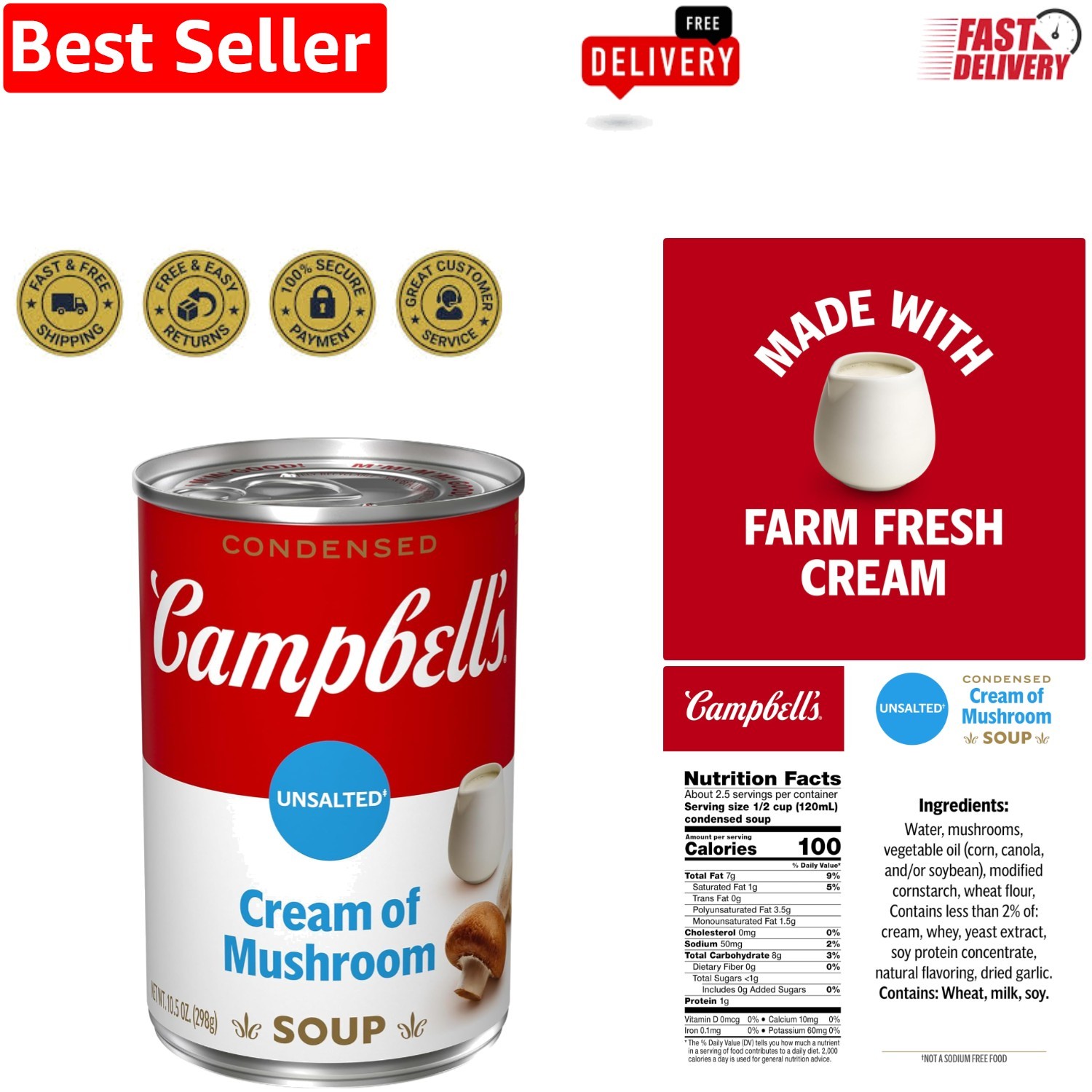 10.5 oz Campbell’s Unsalted Cream of Mushroom Soup – Low Sodium Delight