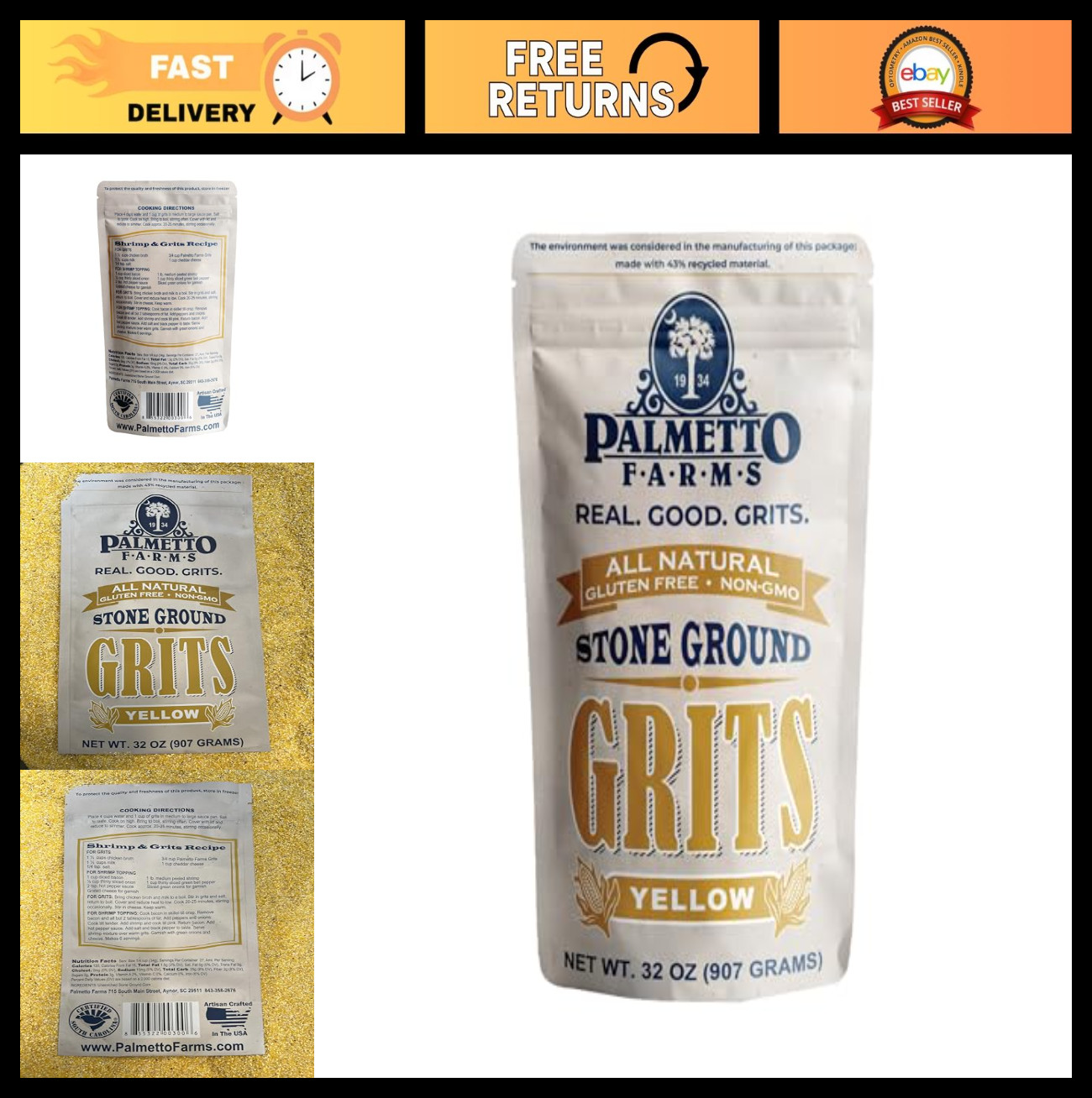 Stone Ground Yellow Grits, 32 OZ – Gluten-Free, Southern Cooking Essential