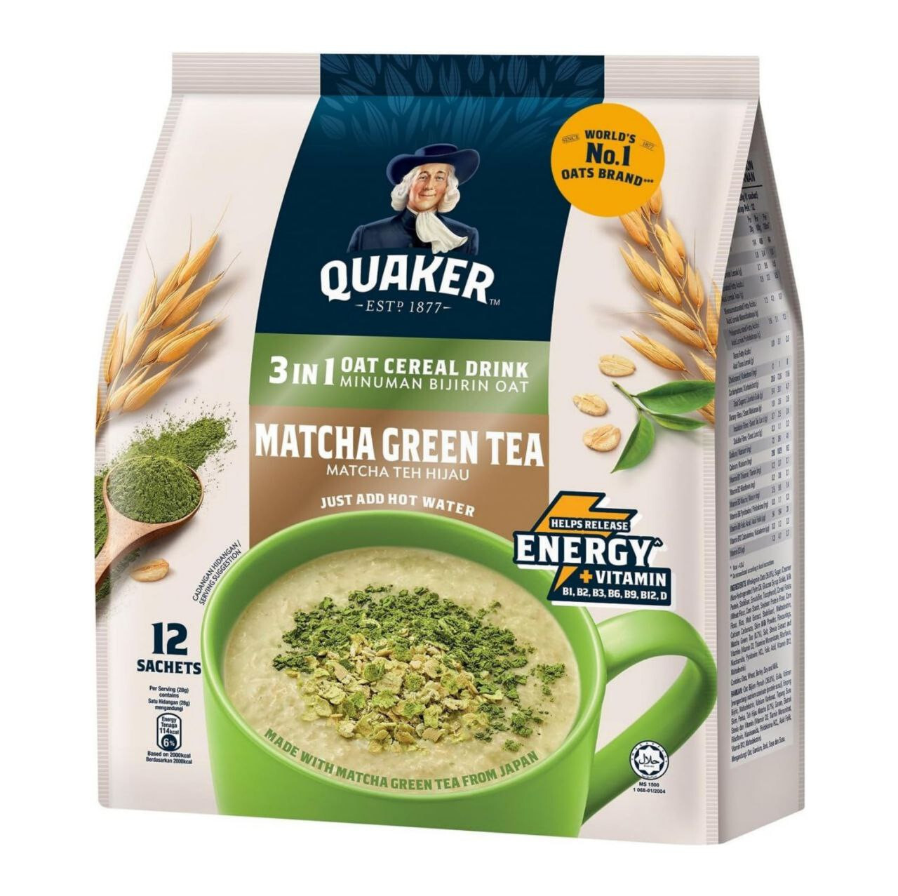 QUAKER 3-in-1 Oat Cereal Drink Matcha Green Tea Flavour 12 Sachets x 28g (336g)