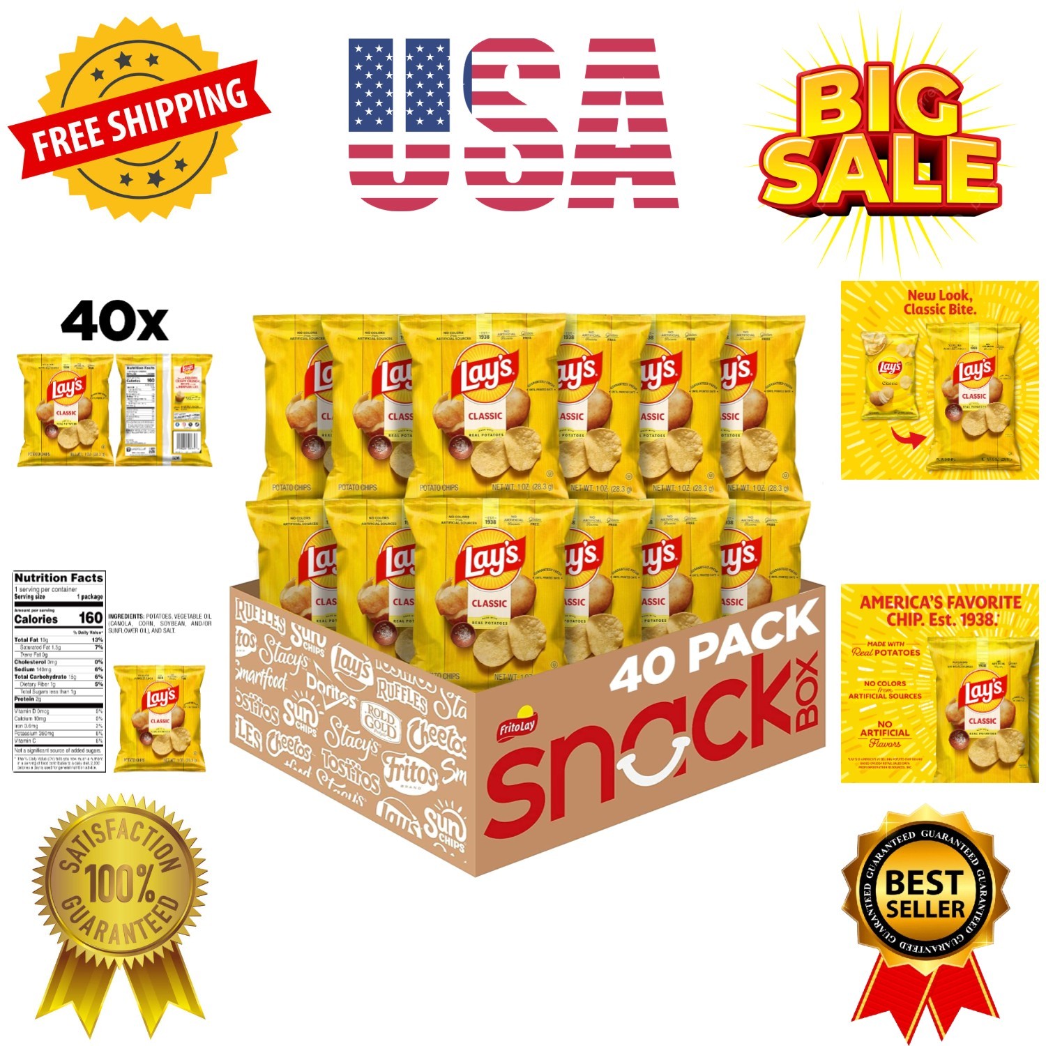 Potato Chips, Classic, 1 Ounce Pack of 40