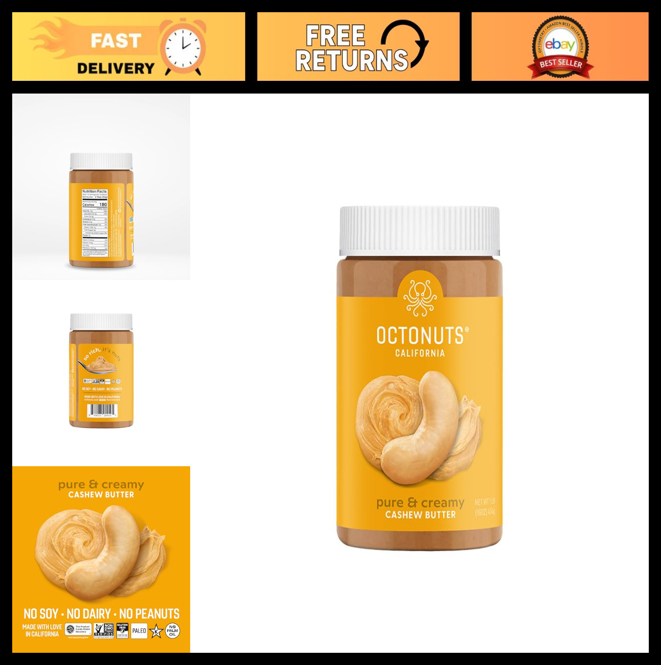 Creamy Cashew Butter 16oz – No Added Salt, Sugar, or Palm Oil – Vegan, Gluten-Fr