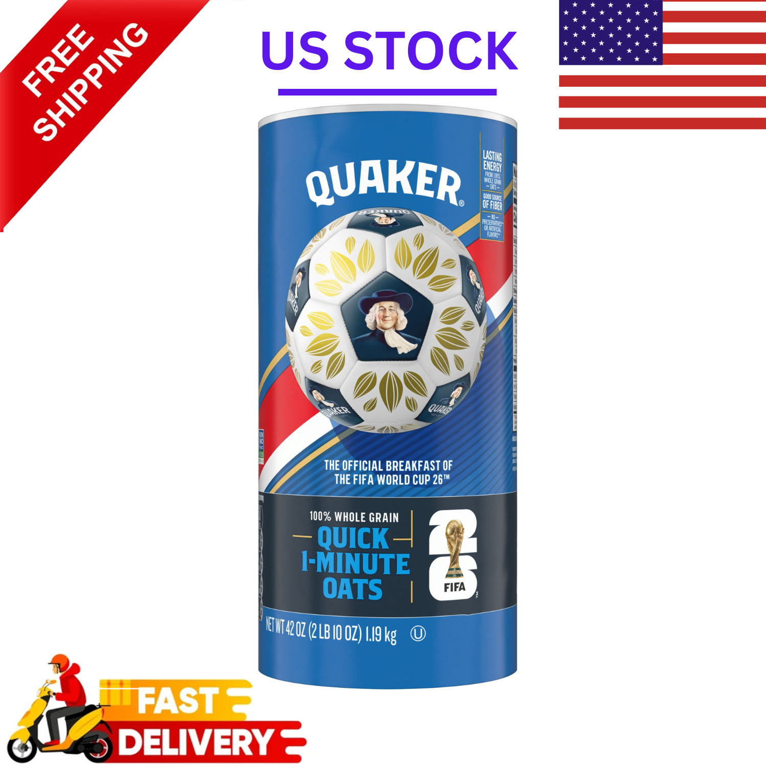 Quaker, Quick 1 Minute Oats, Oatmeal, Quick Cook Oatmeal, 42 oz Canister Dry Oat
