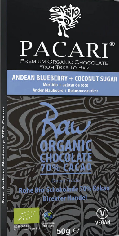 Pacari Blueberry Raw 70% Cacao Chocolate Bar – 1.76 oz. 50 g.