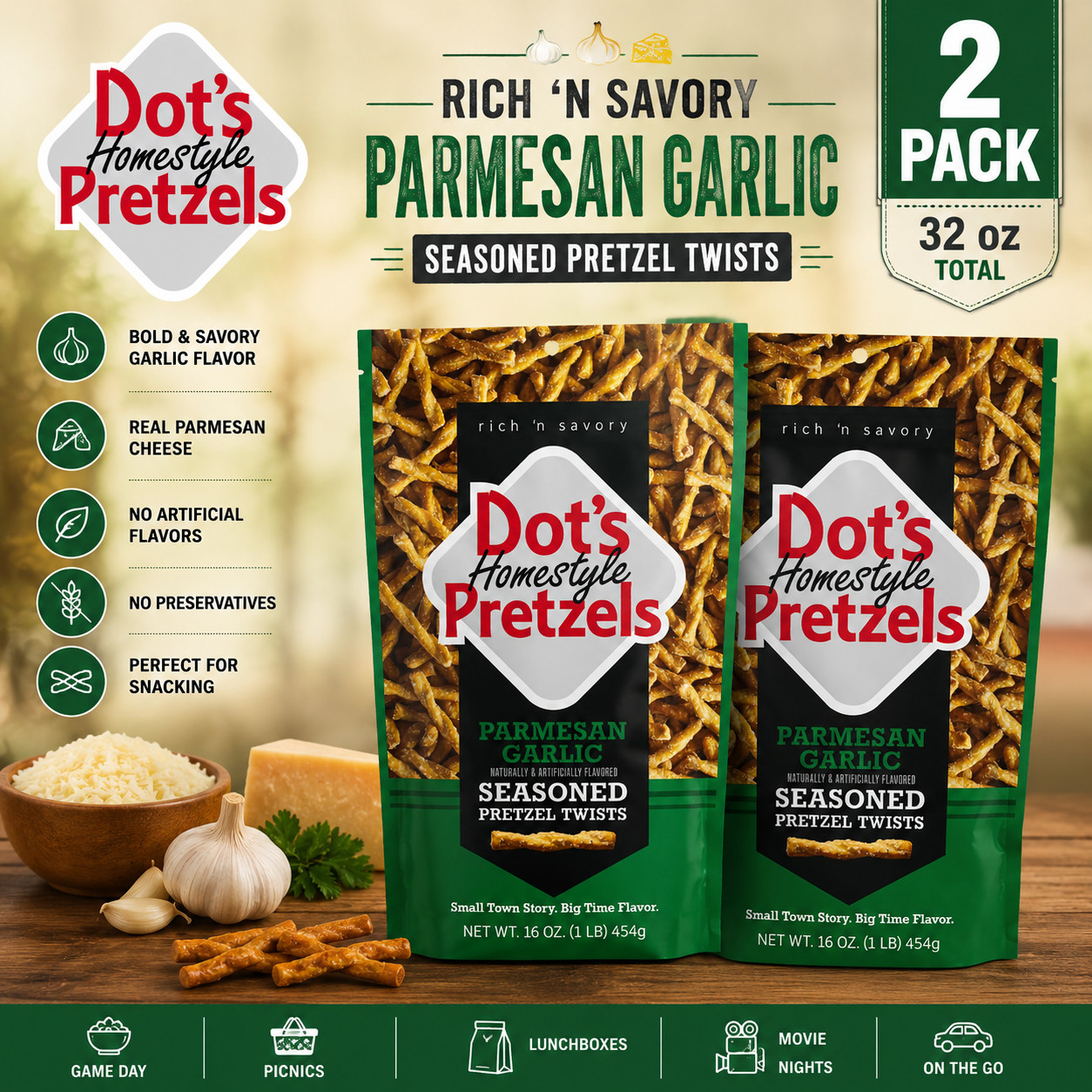 Dot’s Pretzels Parmesan Garlic Seasoned Pretzel Twists Snack, 16 oz PACK OF 2