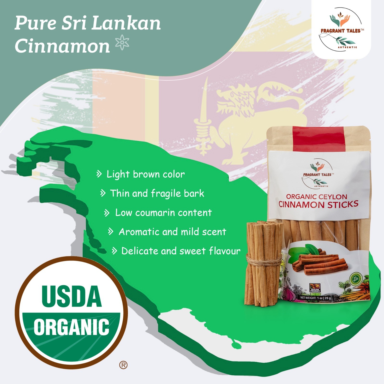 Premium Organic Ceylon Cinnamon Sticks – 1 LB (454g), USDA Certified, Non-GMO