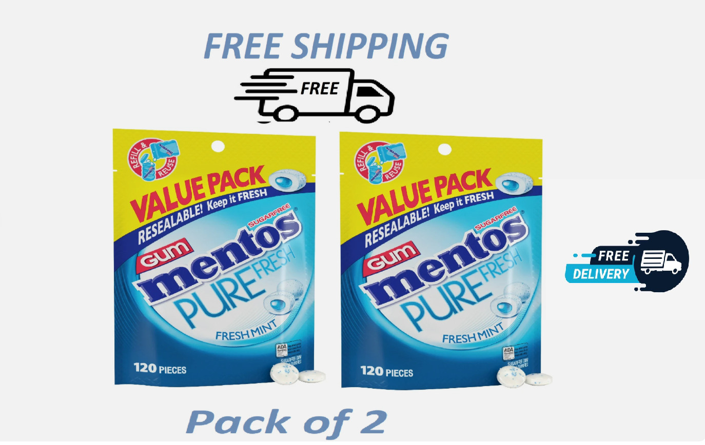 (PACK OF2) Mentos Pure Fresh Mint Sugar Free Gum Extra Value Pack 120 Count