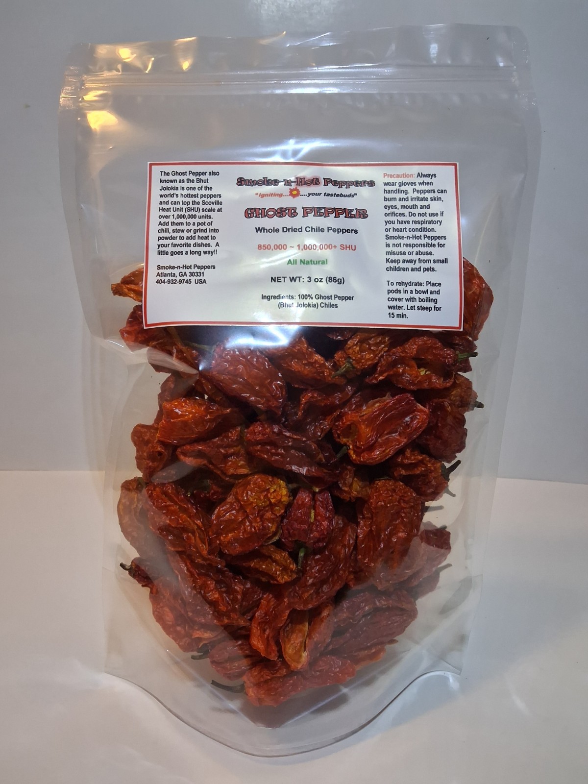 3 oz. DRIED WHOLE GHOST PEPPER (BHUT JOLOKIA) CHILI PODS..USA GROWN!