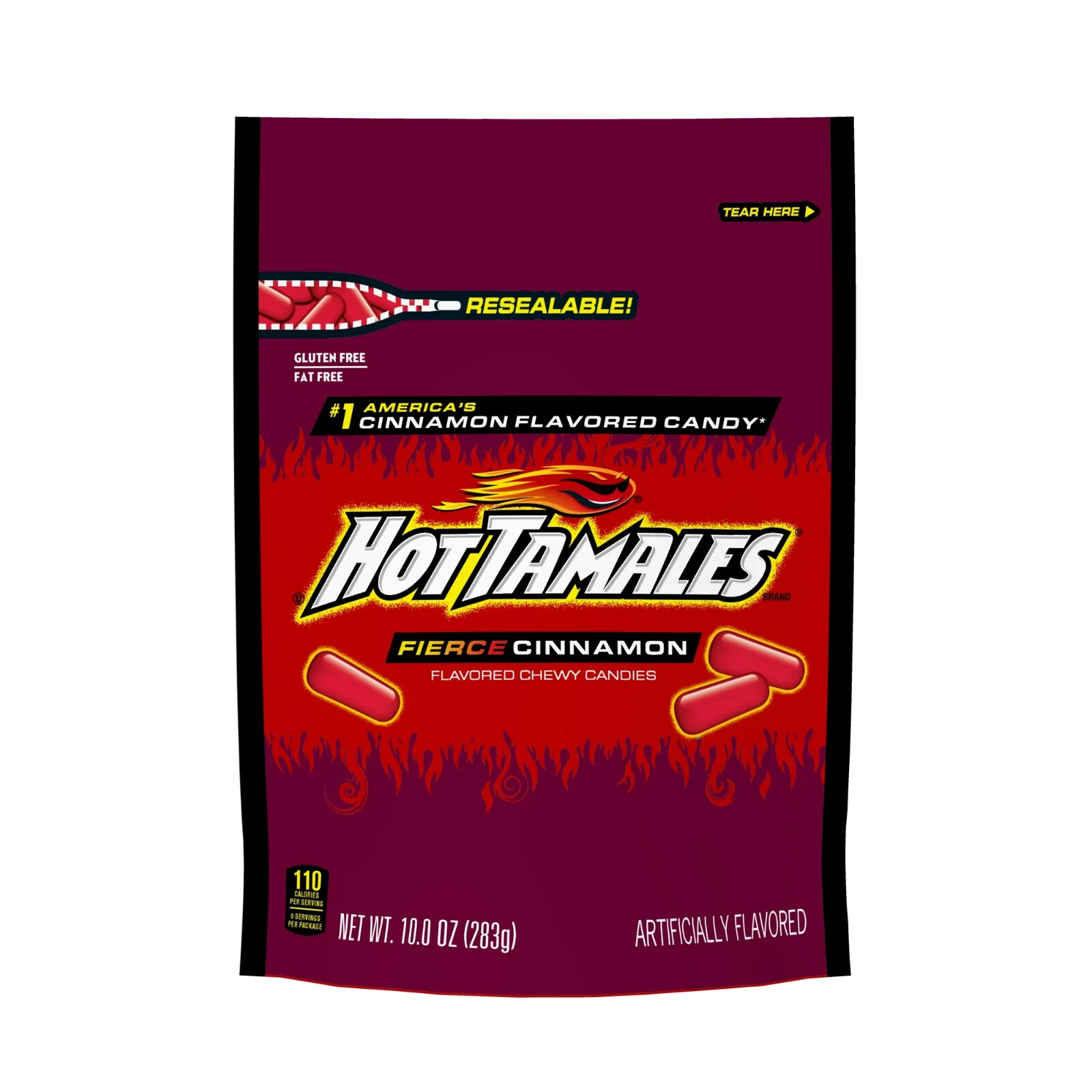 Hot Tamales 10 oz. FIERCE CINNAMON Flavored Chewy Candy Resealable Bag BB 4/2026