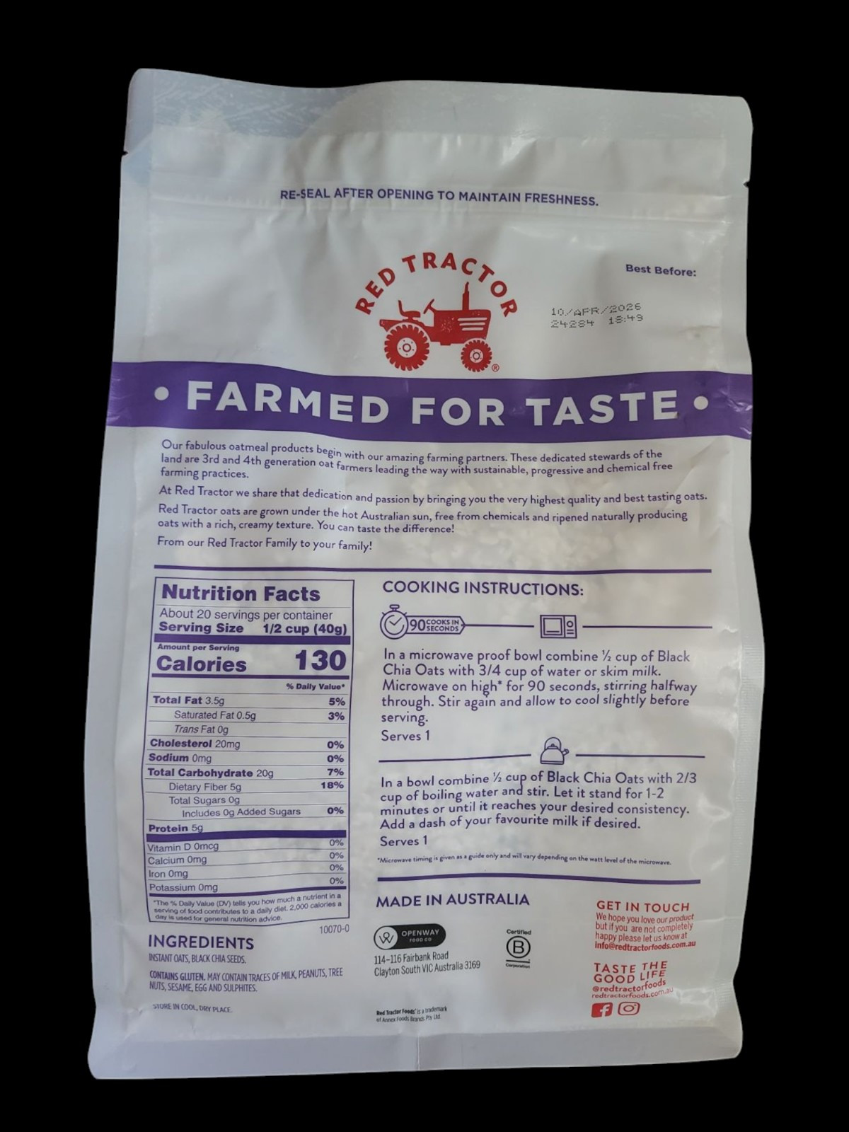 《NEW》Red Tractor Australian Creamy Style Instant Oats With Black Chia, 28 oz