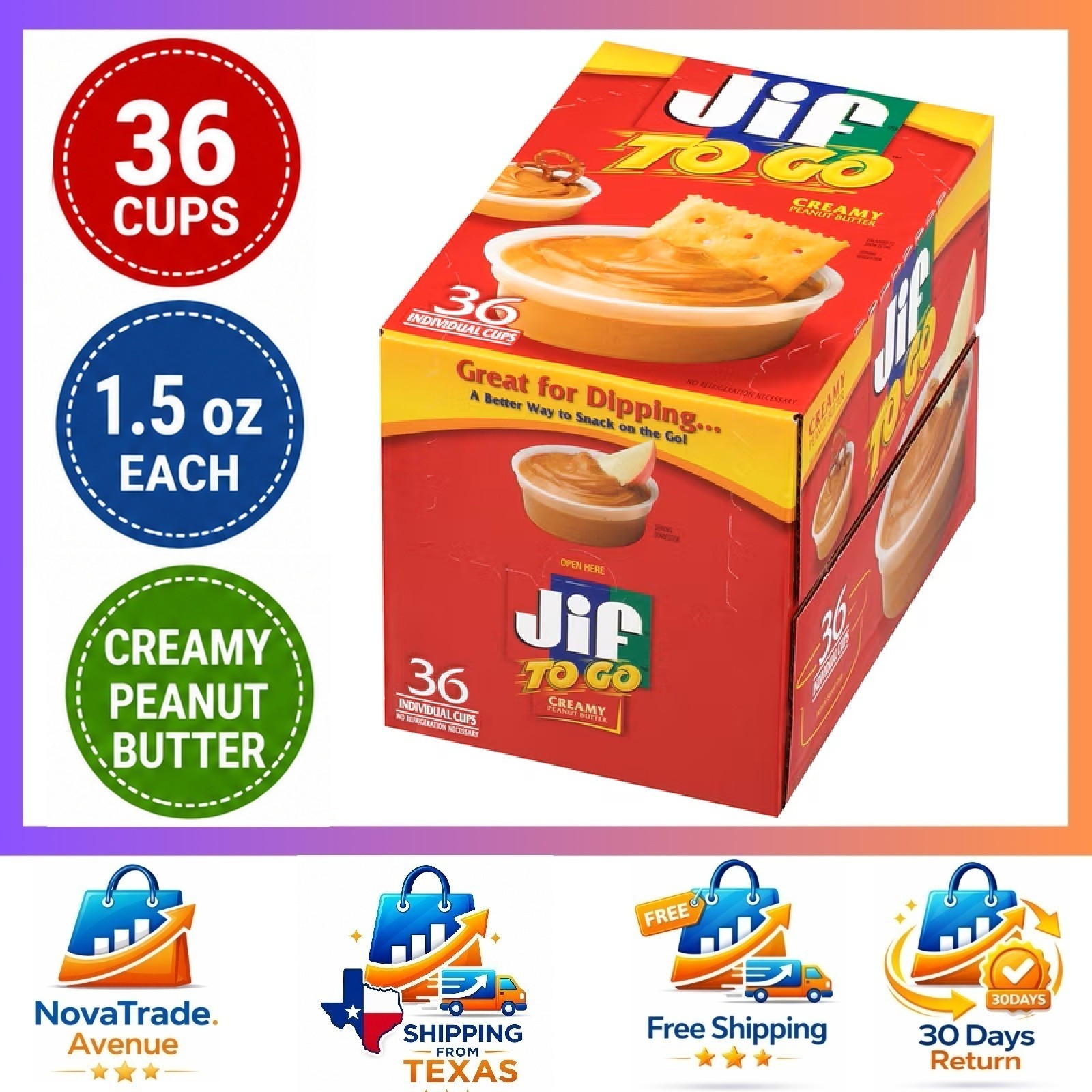 Jif To Go Creamy Peanut Butter Dipping Cups 1.5 oz 36 Count Snack Pack