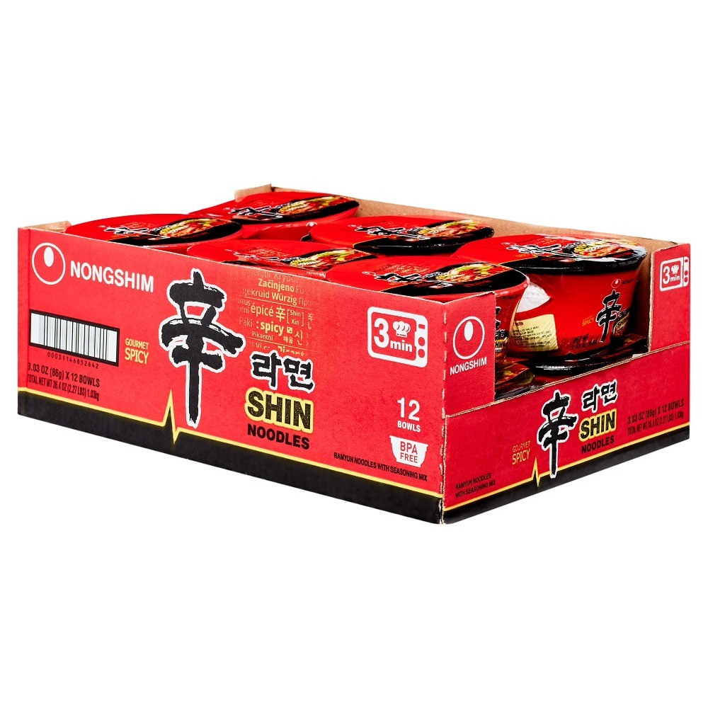 Shin Ramyun Spicy Beef Ramen Noodle Soup Bowl, 3.03oz X 12 Count, Shelf-Stable