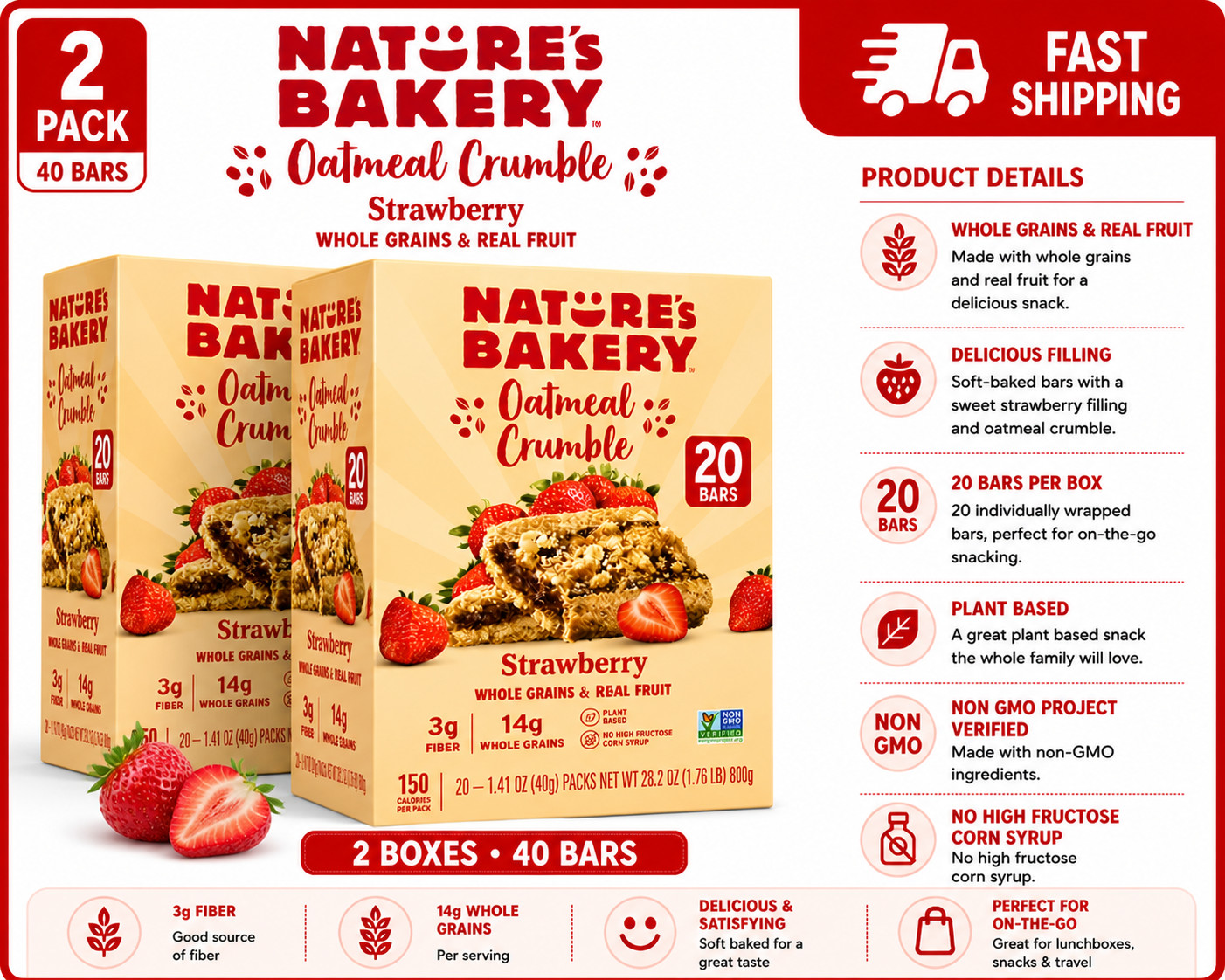 2PACK Nature’s Bakery Oatmeal Crumble Strawberry Bars, 20 ct. Non-GMO