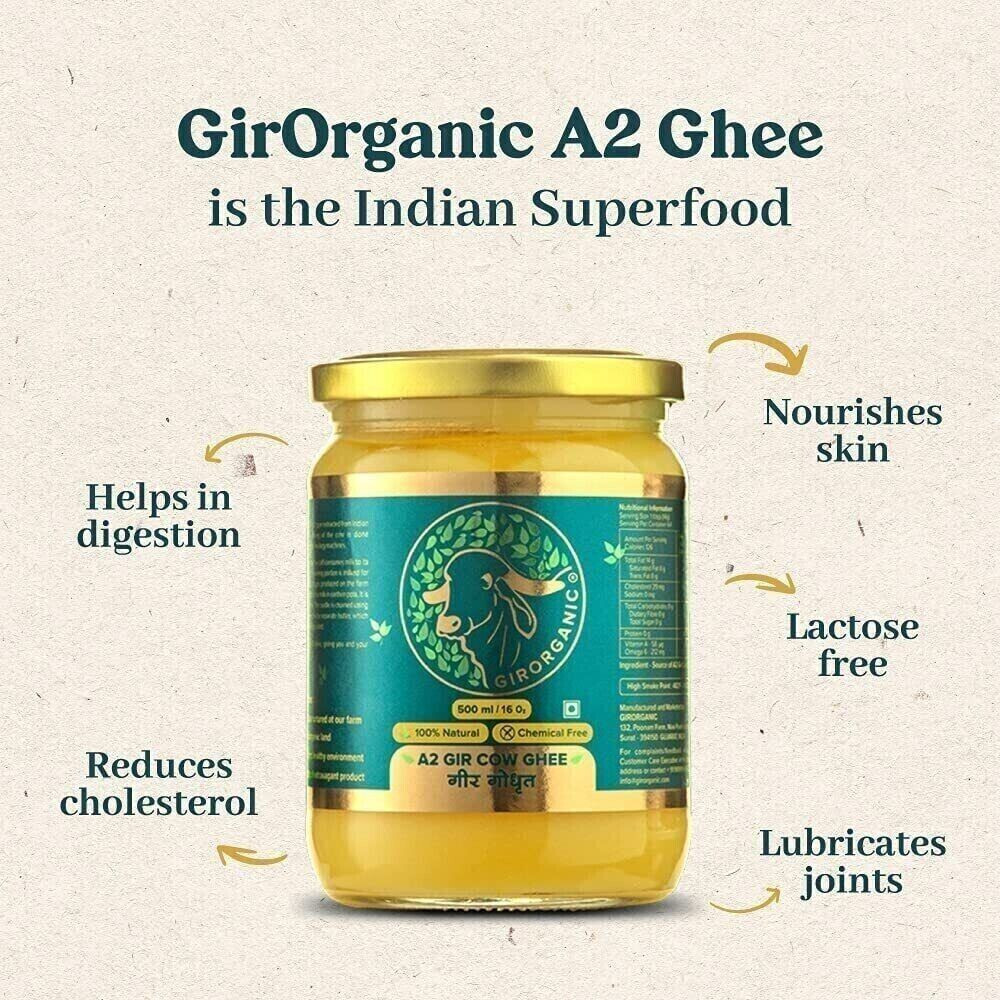 GirOrganic A2 Pure Ghee 100% Desi Gir Cow Vedic Bilona Method 500ml Glass