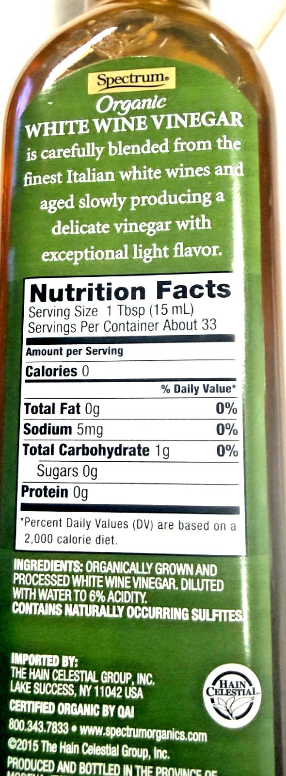2 Spectrum Organic White Wine Vinegar 16.9 oz 1/2030