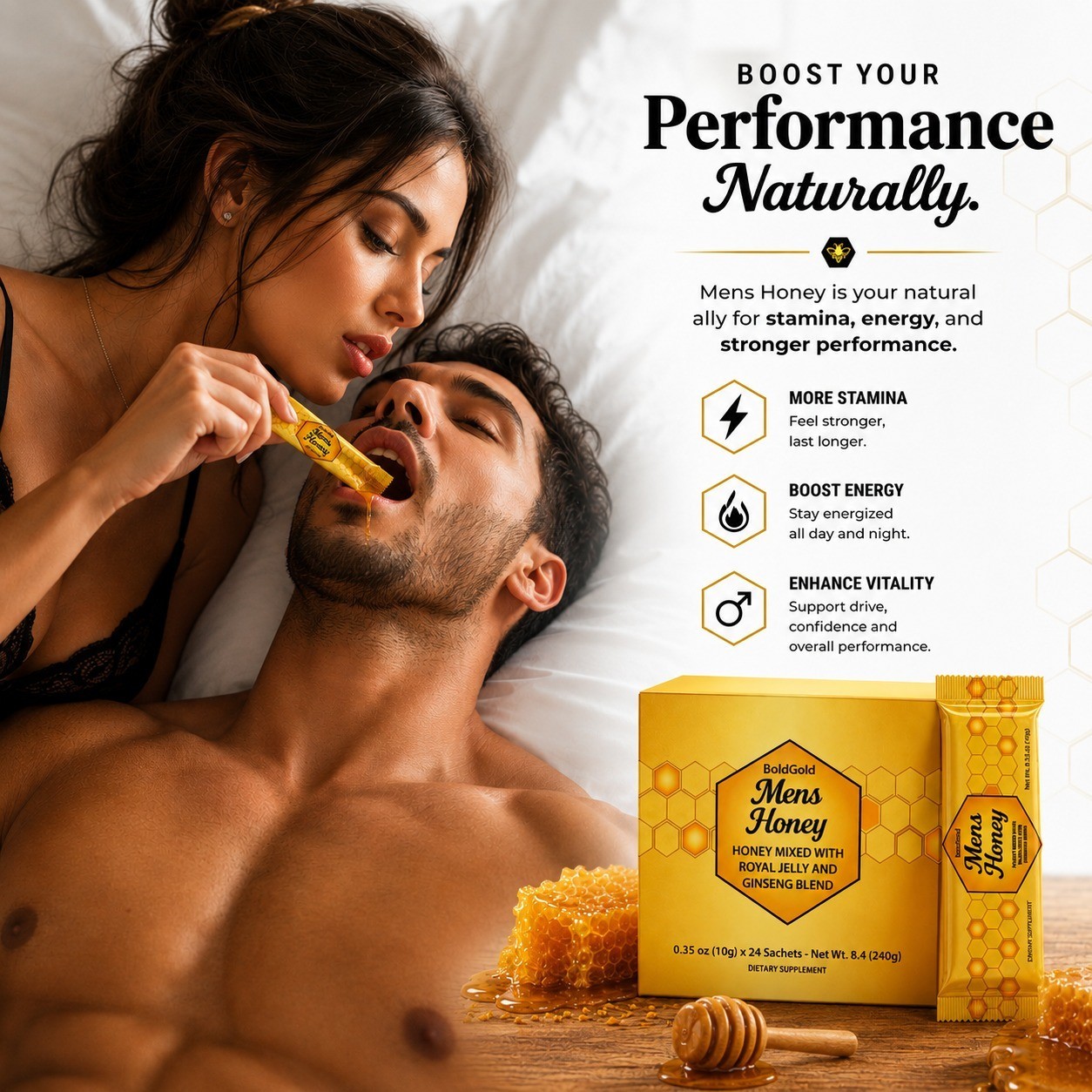 BOLDGOLD Organic Honey Pure Jelly 100% Natural,Bee Pollen and Panax 24-sachets.