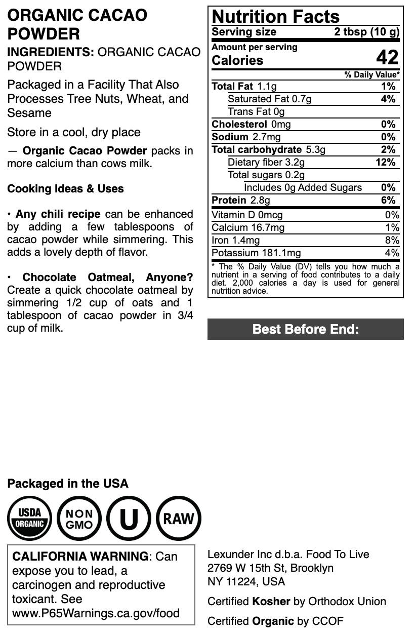 Organic Cacao Powder – Non-GMO, Kosher, Raw, Vegan – by Food to Live
