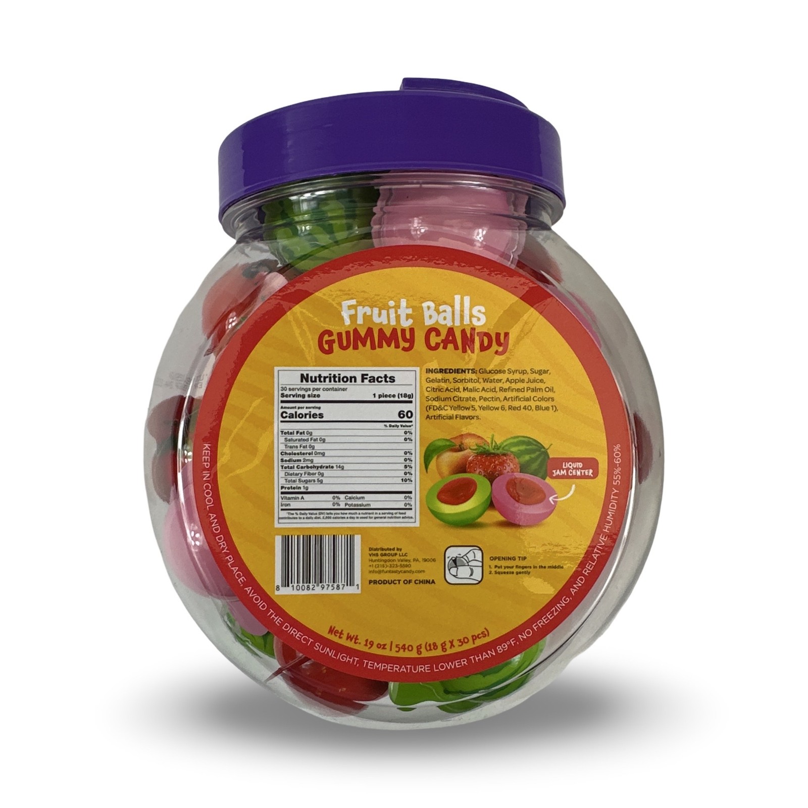 Jam Filled Fruit Gummy Balls, Mixed Fruit or Strawberry, 19 Oz Jar, 30 Pieces