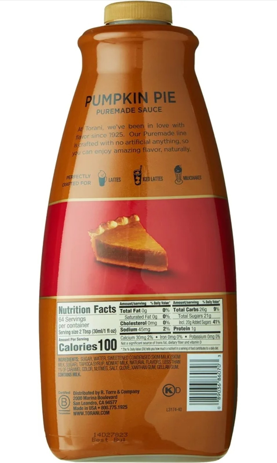 🎃 2 Pack Torani Pumpkin Pie Puremade Sauce – 64 oz Bottle 🎃
