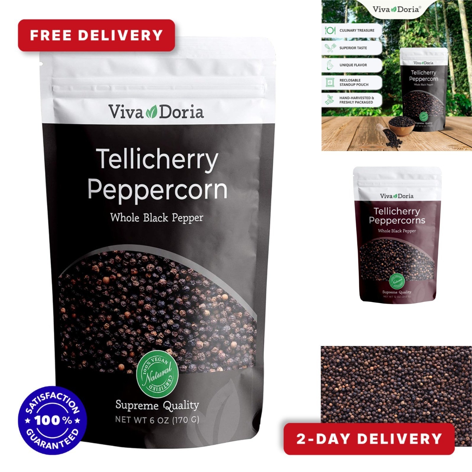 Viva Doria Tellicherry Whole Black Peppercorns, 6 Oz, Steam Sterilized