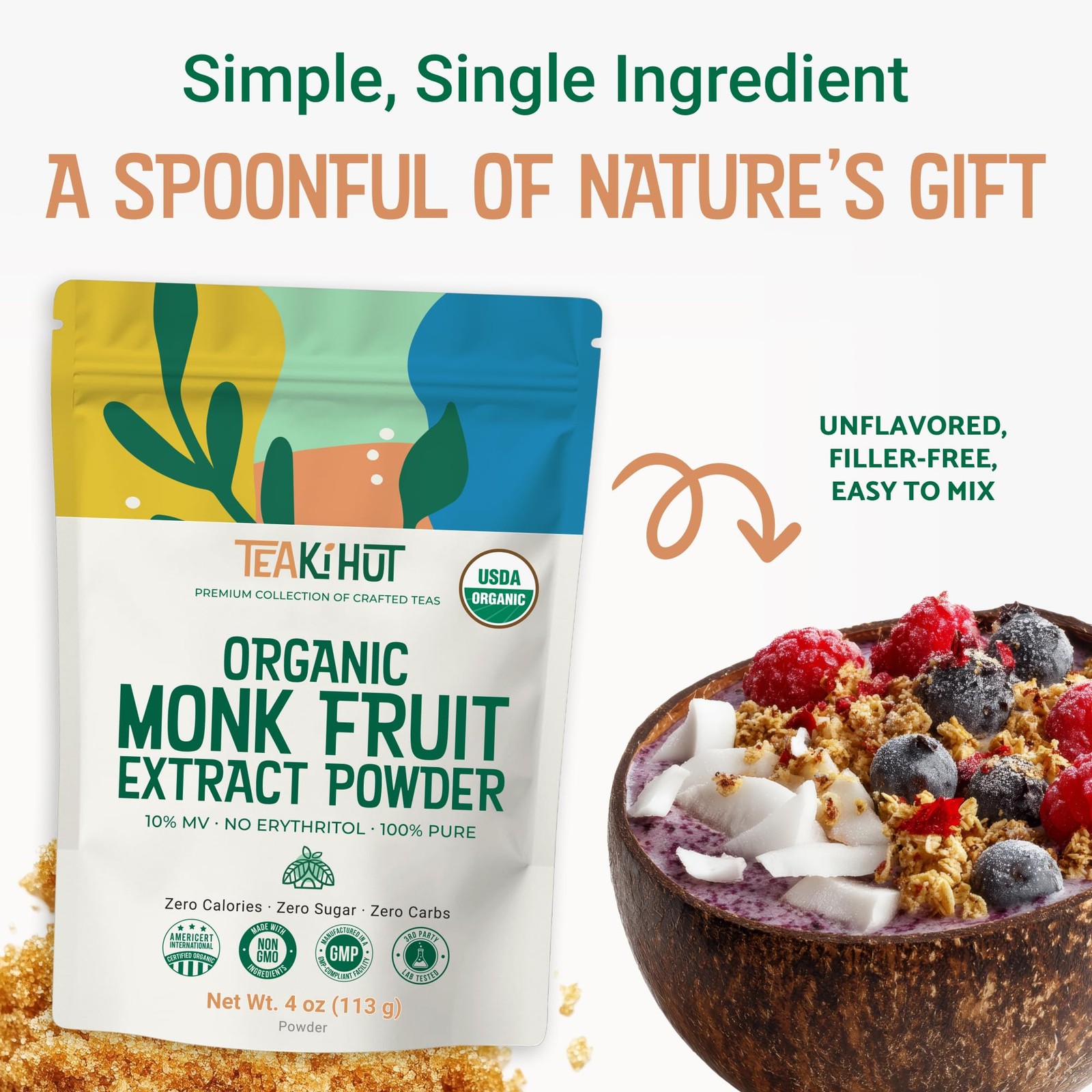 Pure Organic Monk Fruit Extract Powder, No Erythritol 4oz, 100% Monk Fruit Sw…