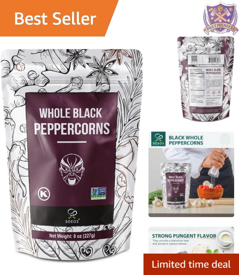 Black Peppercorns 8oz Non-GMO Kosher Whole Pepper for Grinder Refill Fresh