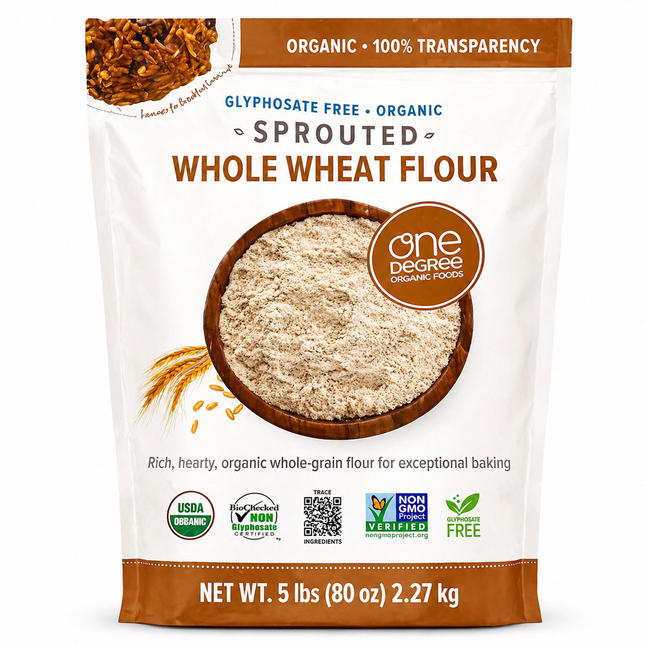 One Degree Organic Sprouted Whole Wheat Flour 5 lb Non GMO Glyphosate Free