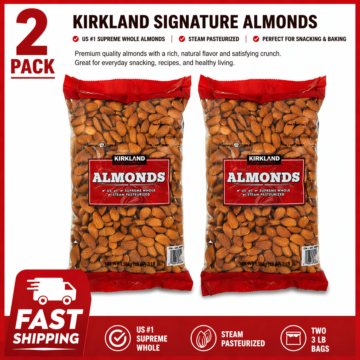 2-Pack Kirkland Signature Supreme Whole Almonds, 3 lbs
