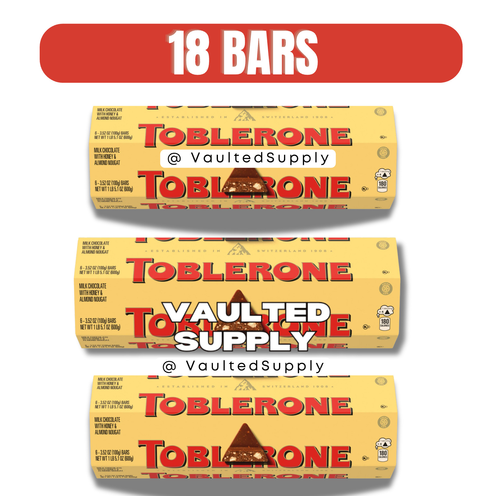 Toblerone Swiss Milk Chocolate Honey Almond Nougat 18 Bars 3.52oz EXP 08/2026