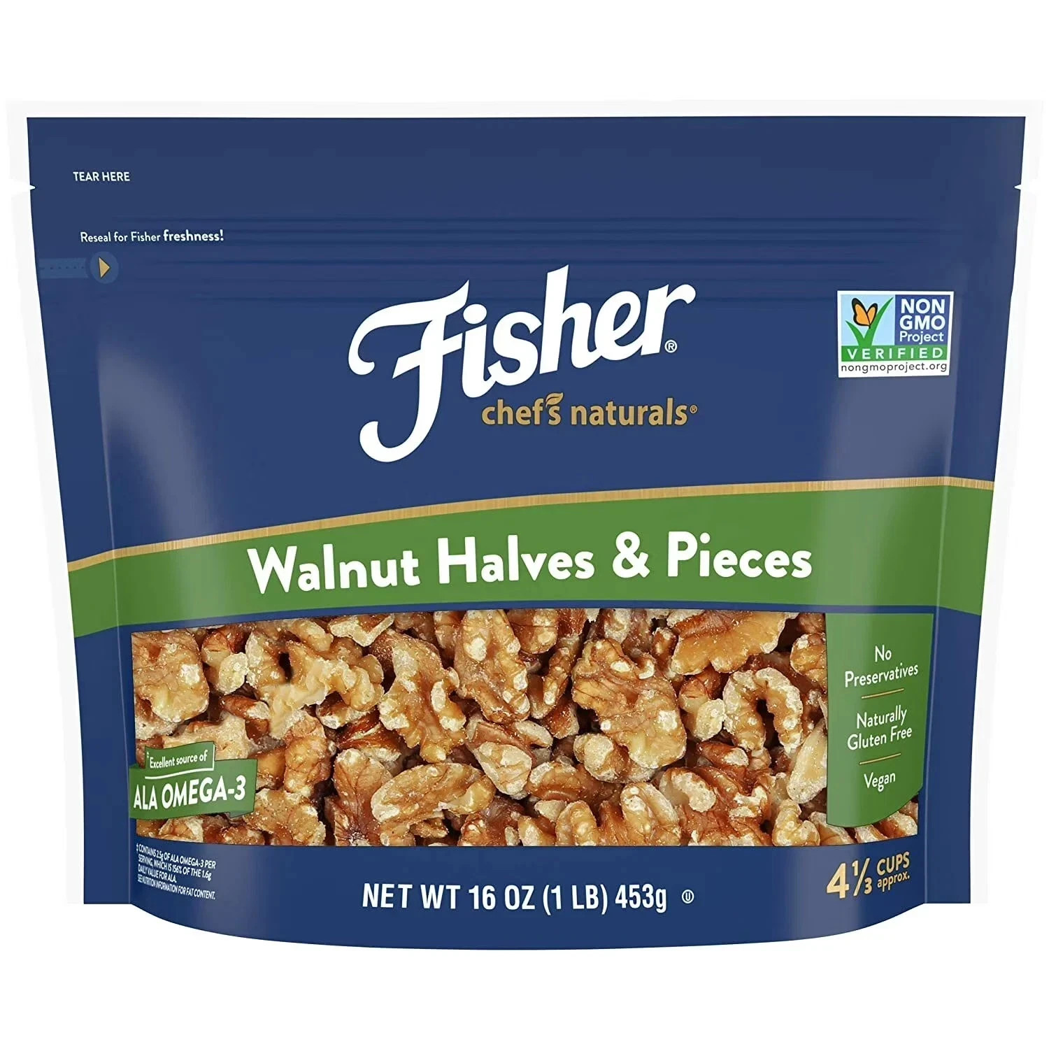 Fisher Chef’s Naturals Gluten Free, Non-GMO Walnut Halves & Pieces, 16oz Bag New