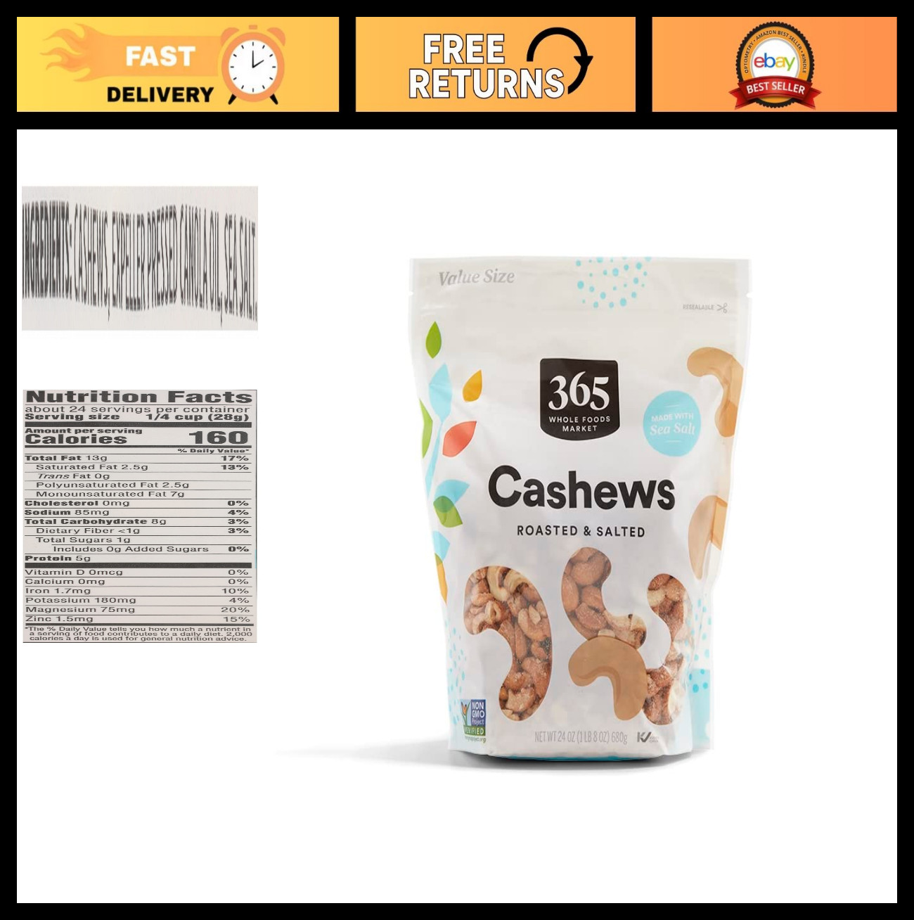 Roasted & Salted Cashews – 24 oz | Healthy Snack, Gluten-Free, Nut Mix
