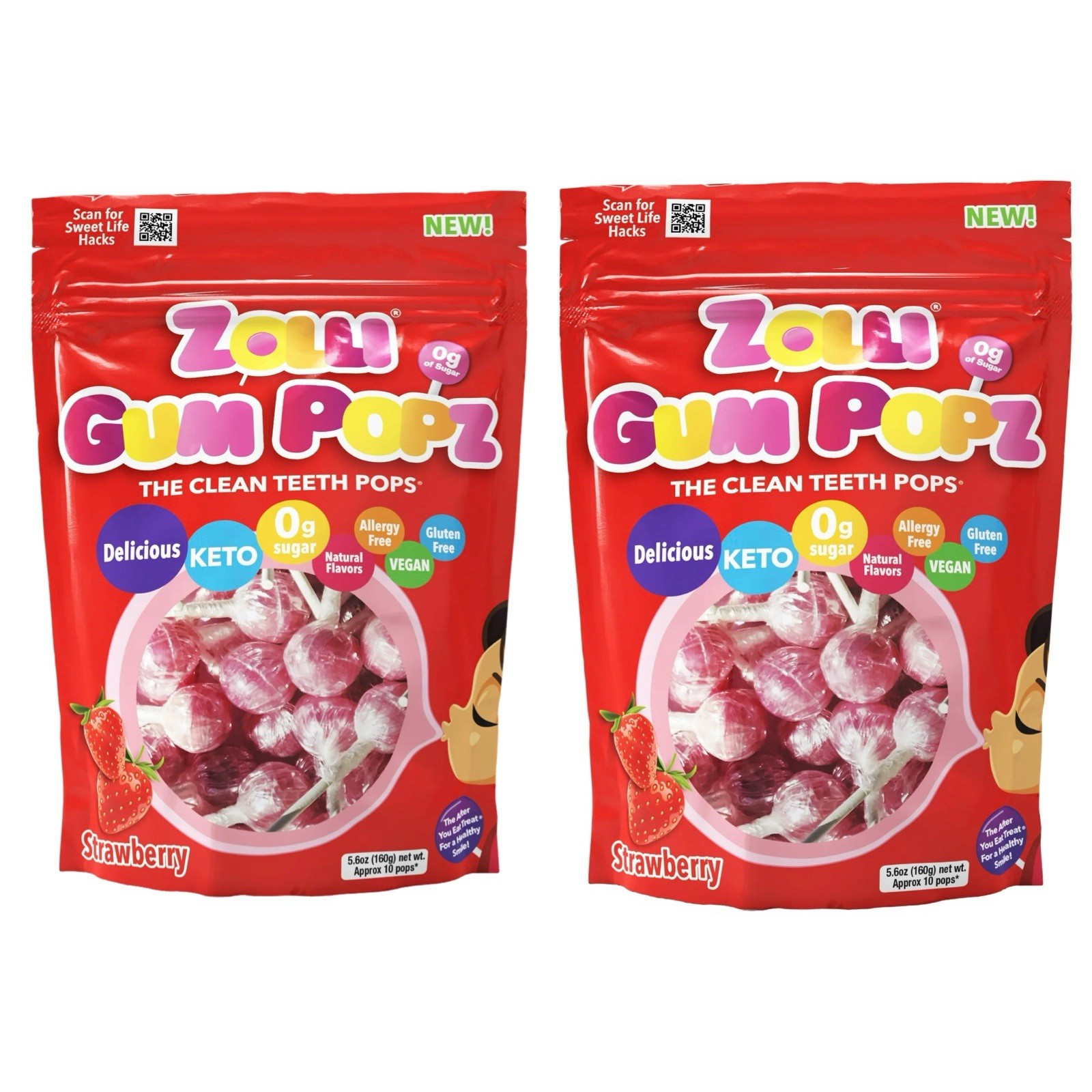 2 Pack Zollipops Sugar Free Gum Pops Keto & Diabetic Strawberry Lollipops, 5.6oz