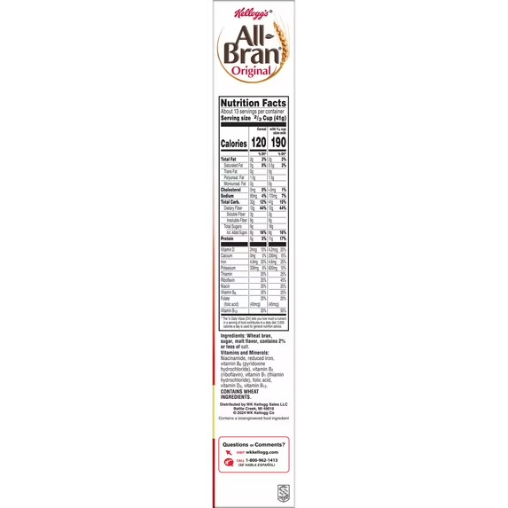 Kellogg’s All-Bran Original Breakfast Cereal, High Fiber, Family Size, 18.6 oz