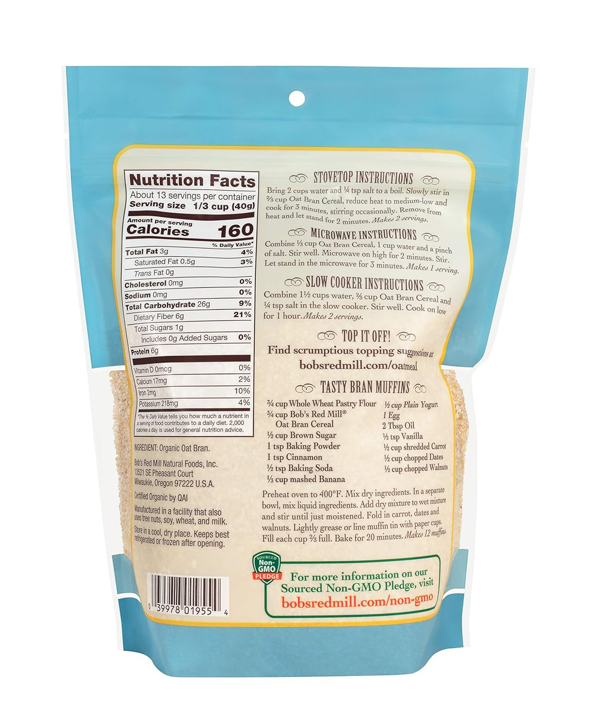 Organic Oat Bran, 18Oz (Pack of 4) – Non GMO, Vegan, Kosher