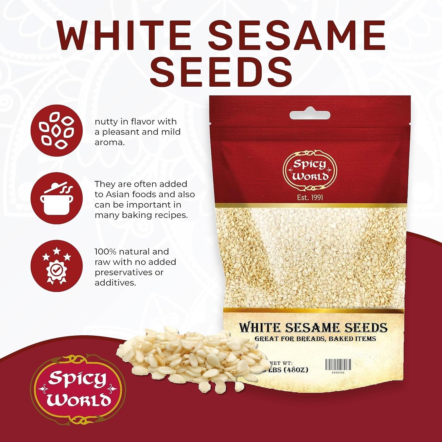 White Sesame Seeds 3 LB Bag – Natural, Raw, Hulled, Non-Gmo, Bulk Resealable Bag