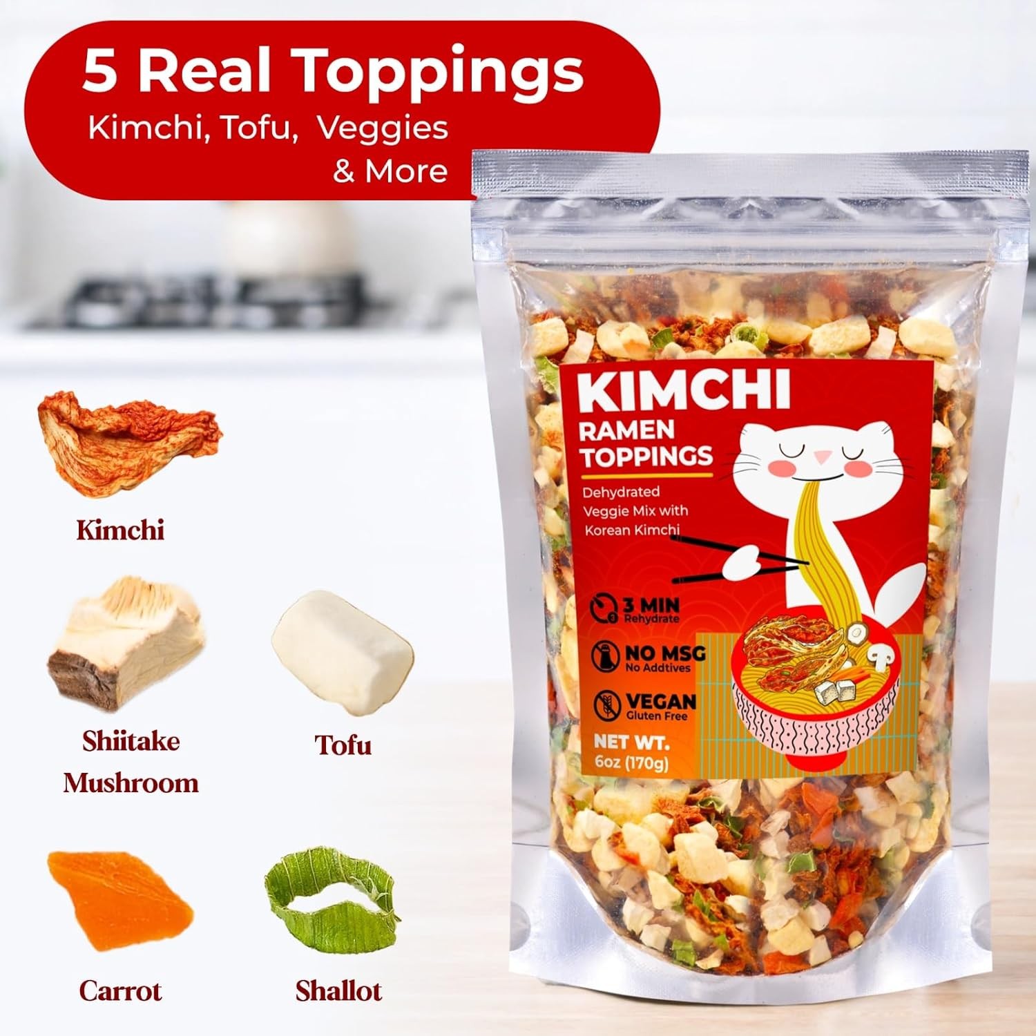 Dried Kimchi Ramen Toppings 6oz – 5 Ingredients Korean-Style Dehydrated