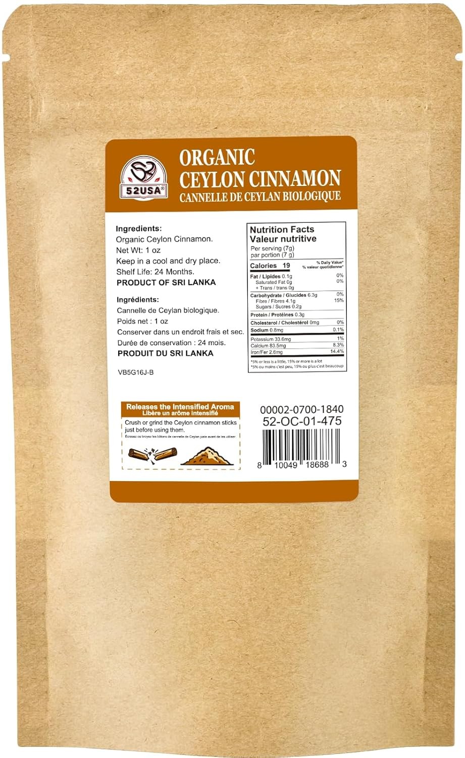 52USA Organic Ceylon Cinnamon Sticks, 1 Ounce (Pack of 1), True Cinnamon Farmed