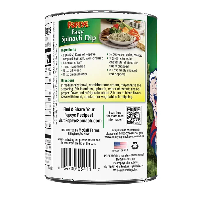 Premium Popeye’s Farm Fresh Chopped Spinach – 12 Pack, Size 13.5 oz Cans