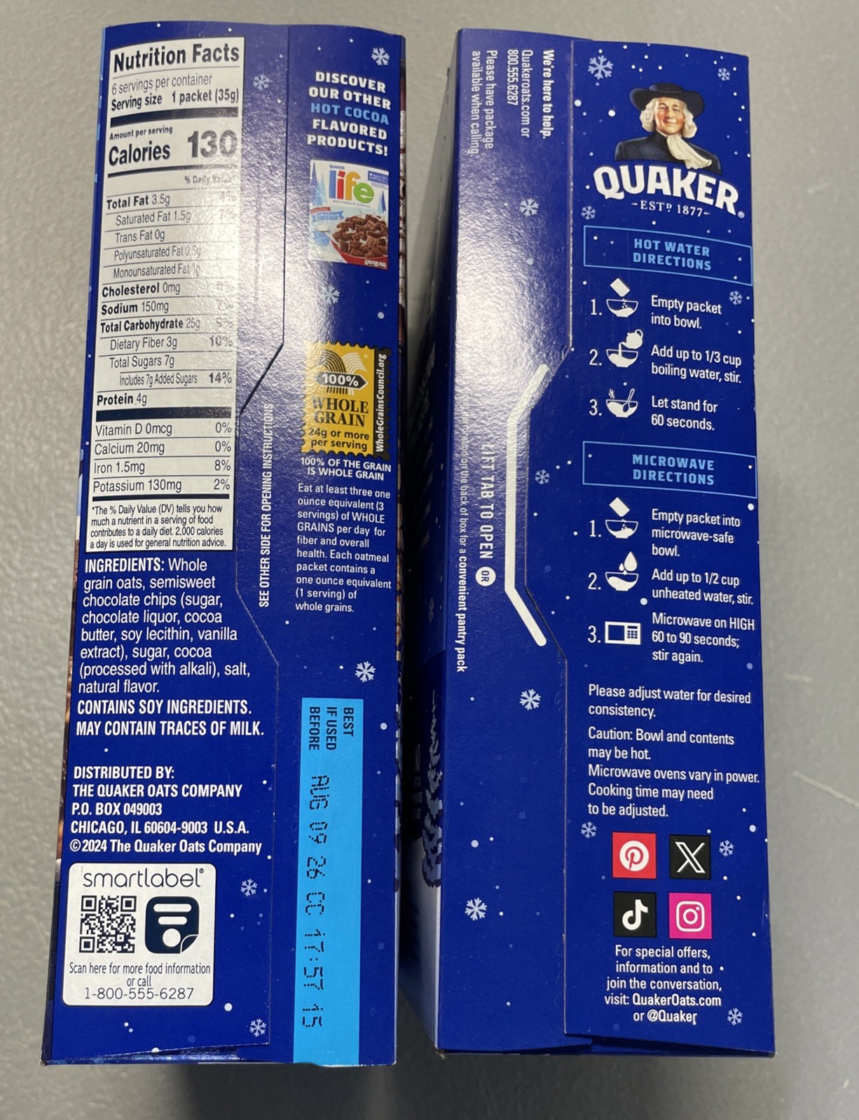 4 QUAKER Instant Oatmeal Oats Hot Cocoa Chocolate Cereal 24 Packets BB 8/9/26
