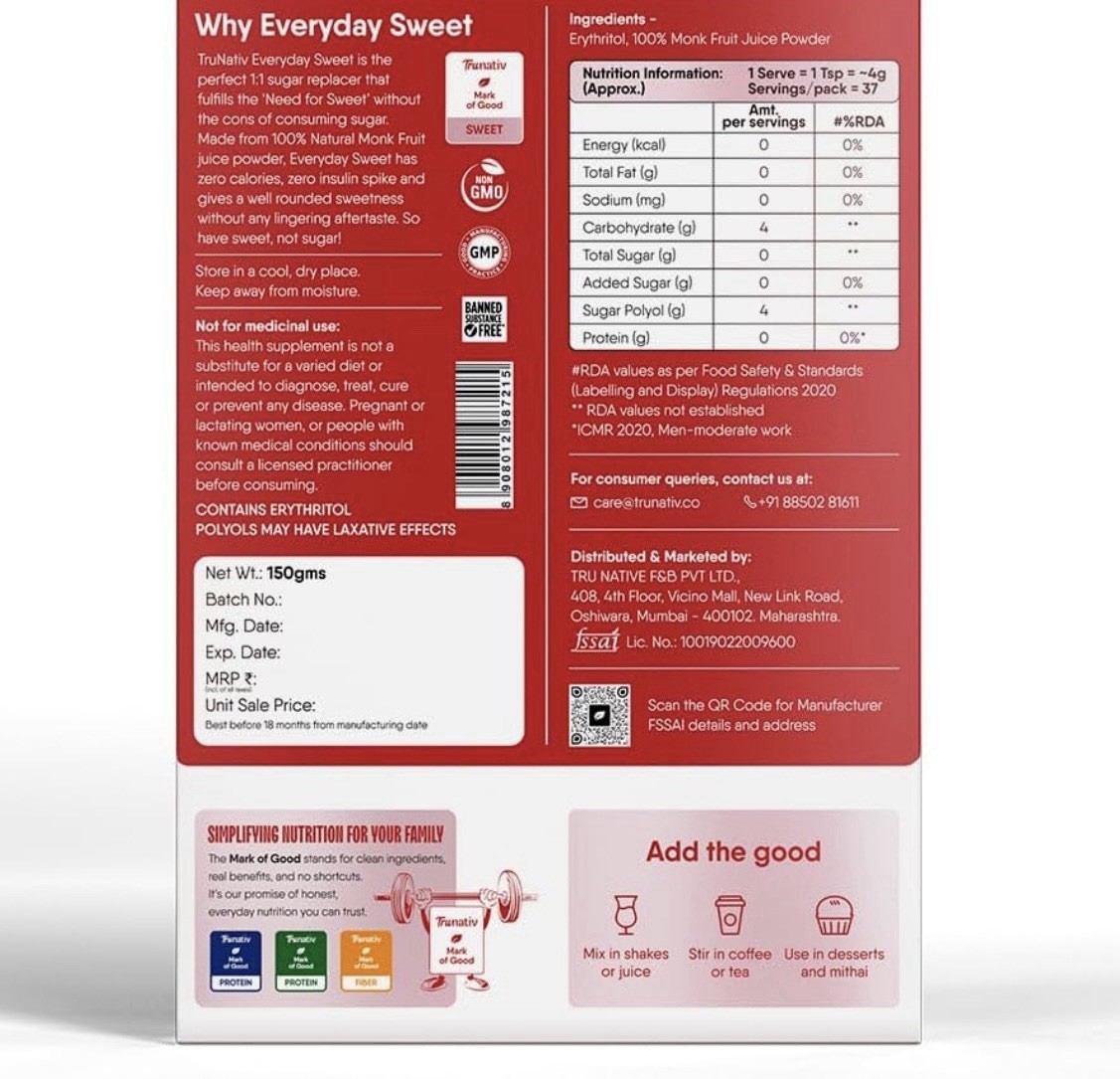 Trunativ Everyday Sweet | Monkfruit Sweetener Powder Loose Sugar Like Sweetener