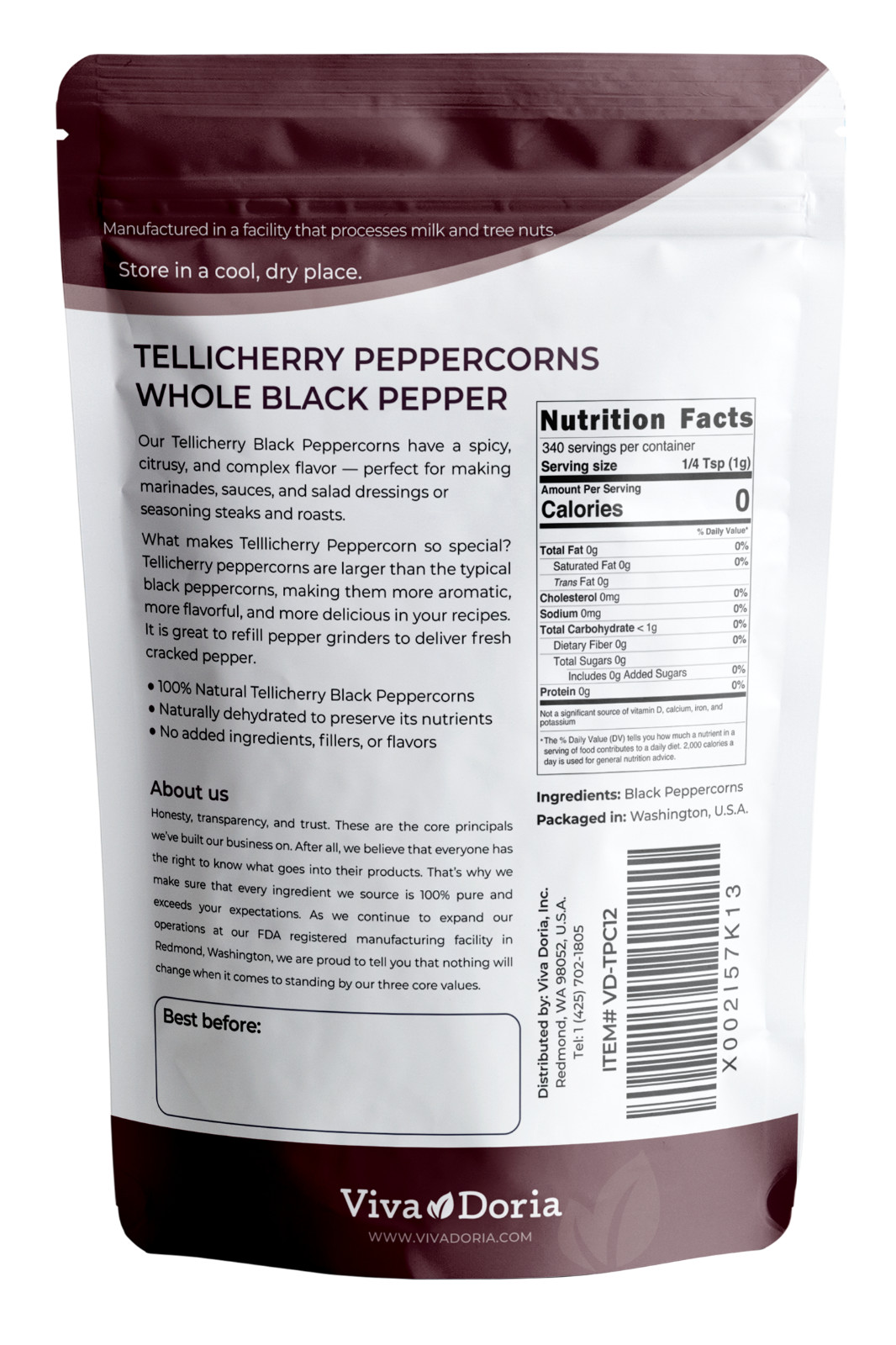 Viva Doria Tellicherry Peppercorn (Whole Black Pepper) for Grinder Refill, 12 oz