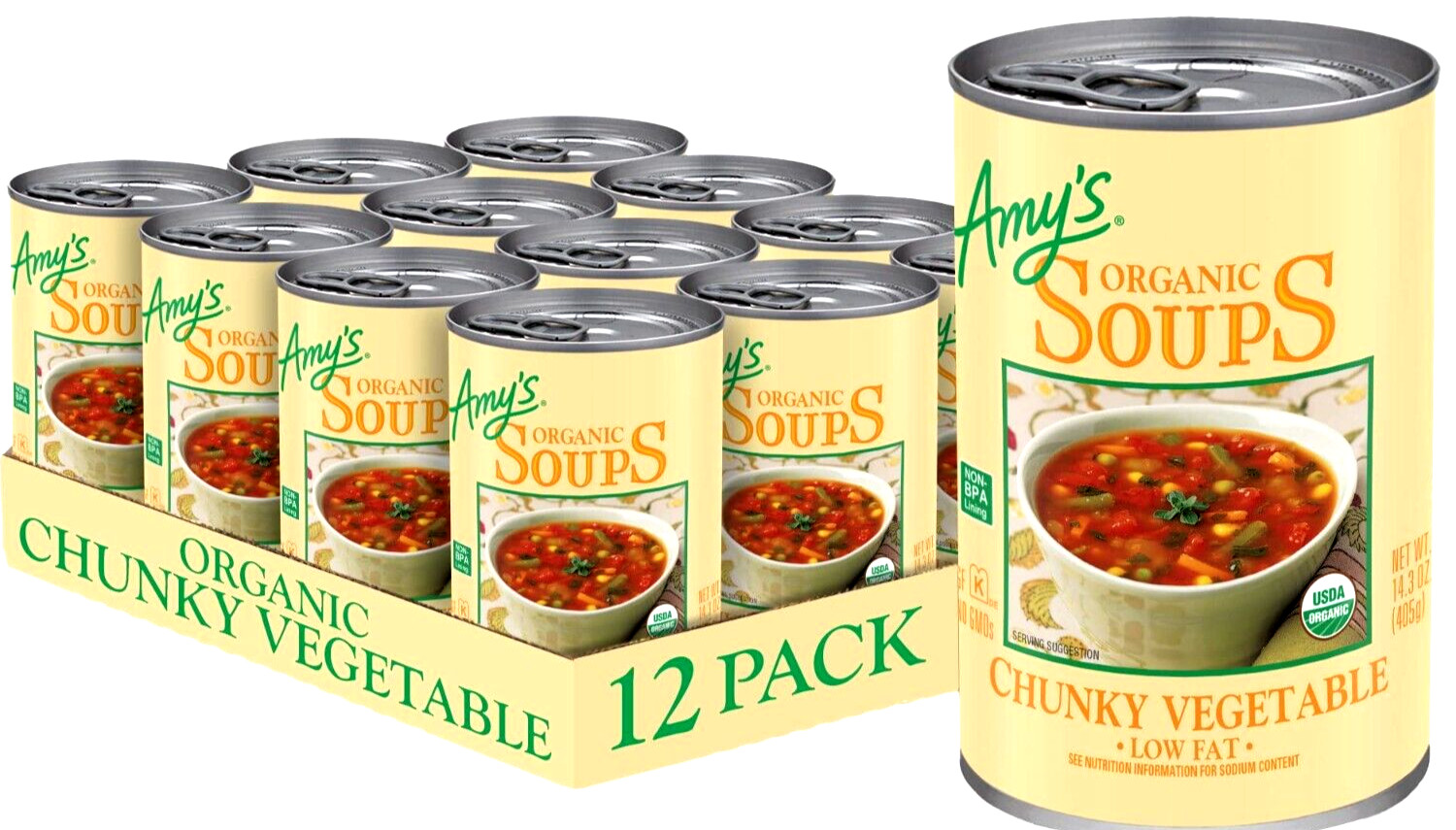 Amy’s Organic Low Fat Chunky Vegetable Soup 14.3 oz ( Pack of 12 )~ Exp 4/2026