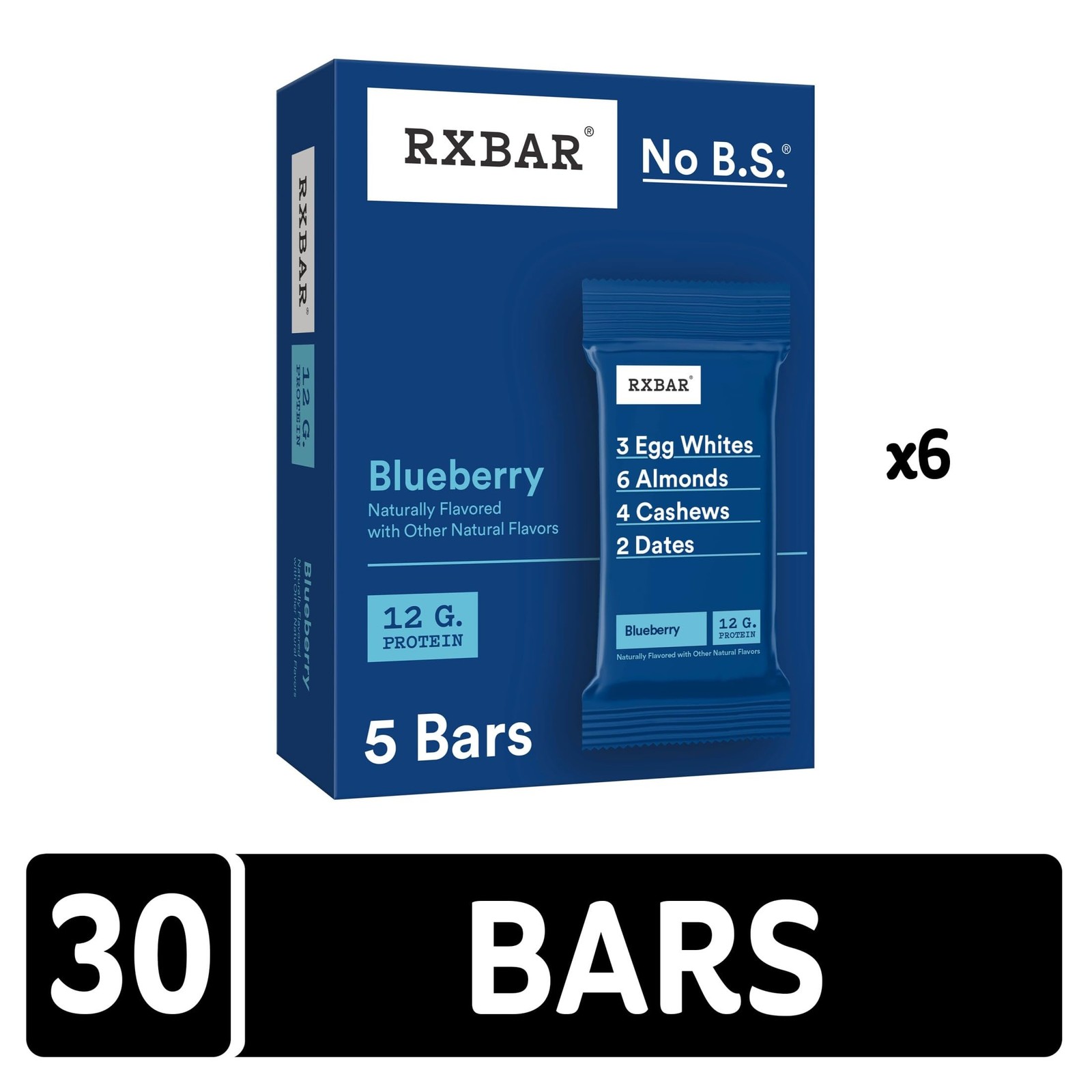 RXBAR Protein Bars, 12g Protein, Gluten Free 5 Count (Pack of 6), Blue
