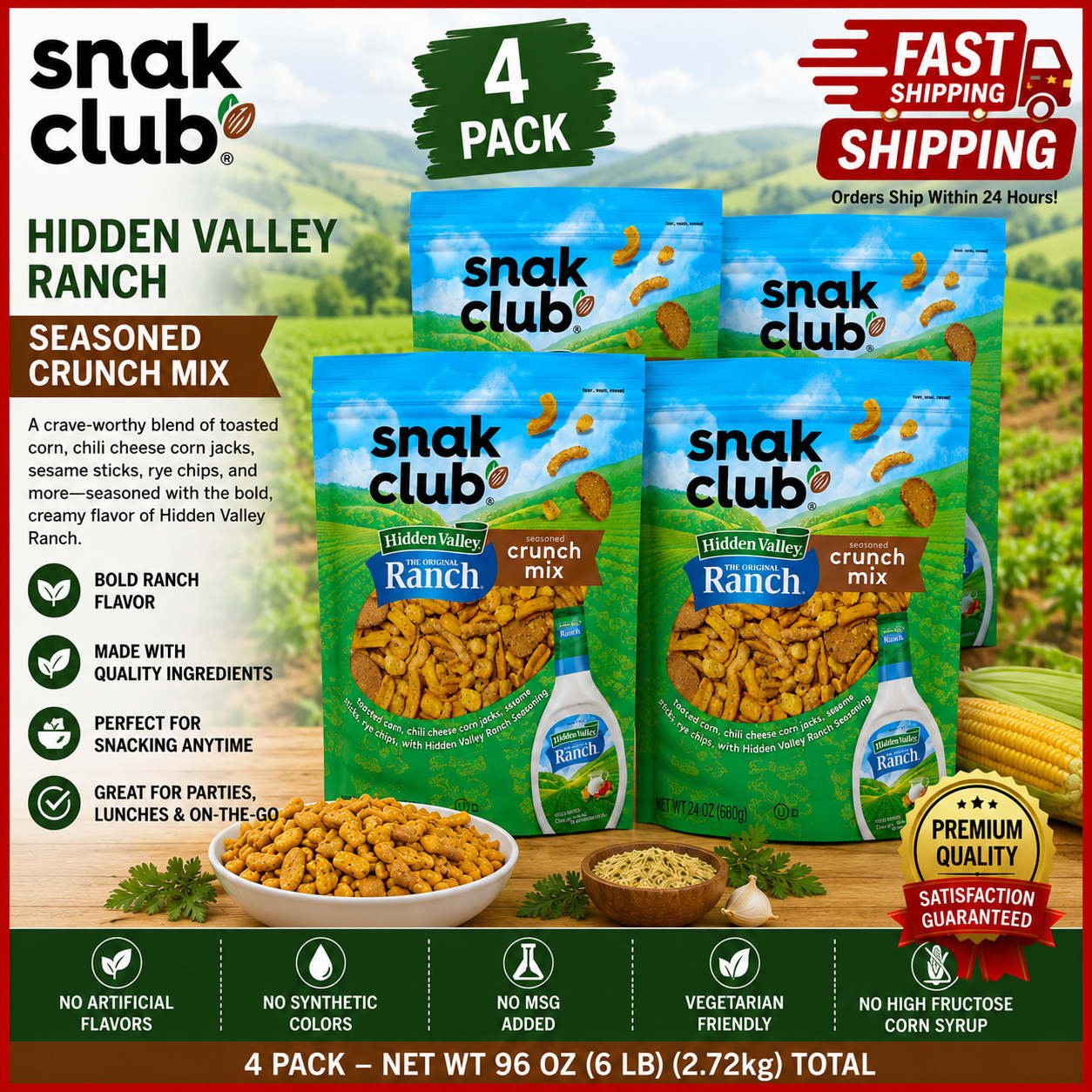 4 PACK Snak Club Crunch Mix Hidden Valley Original Ranch Seasoned 24 Oz LMITED