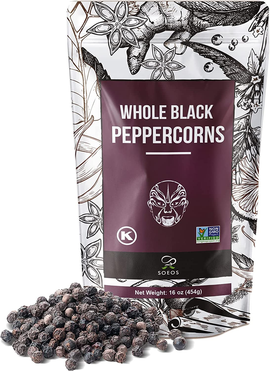 Whole Black Peppercorns, Kosher Freshly Peppercorn Bulk, for Grinder Refill 16Oz