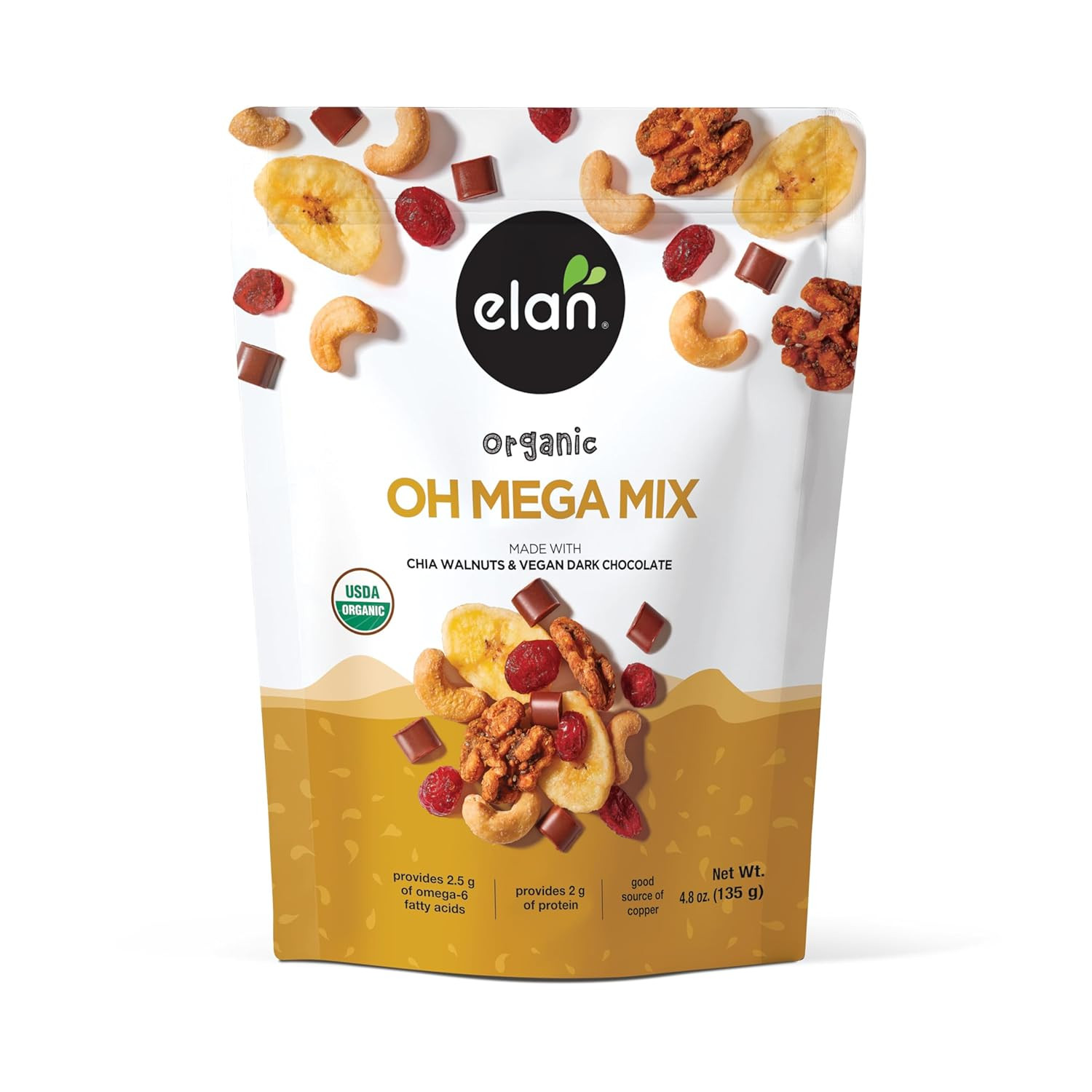Elan Oh Mega Mix Vegan Chocolate Cashews Cranberries Banana Chips 4.8Oz