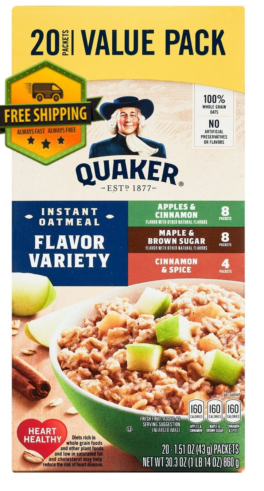 Quaker Instant Oatmeal Variety Pack 20 Packets Apples Cinnamon Maple Sugar