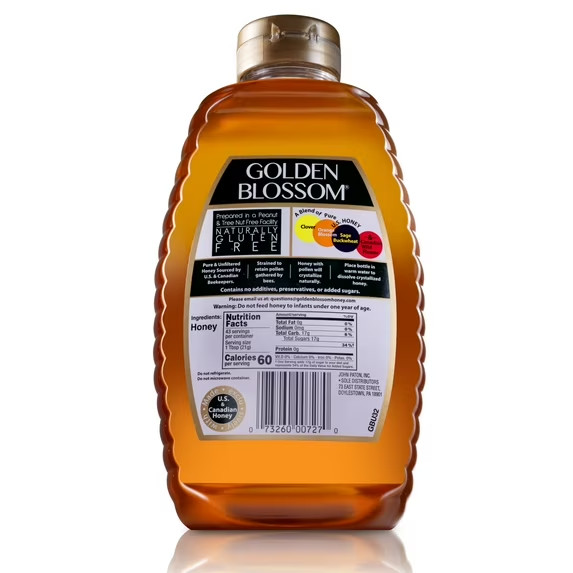Golden Blossom Pure & Unfiltered Honey, 32 oz Plastic Bottle. Contains no additi