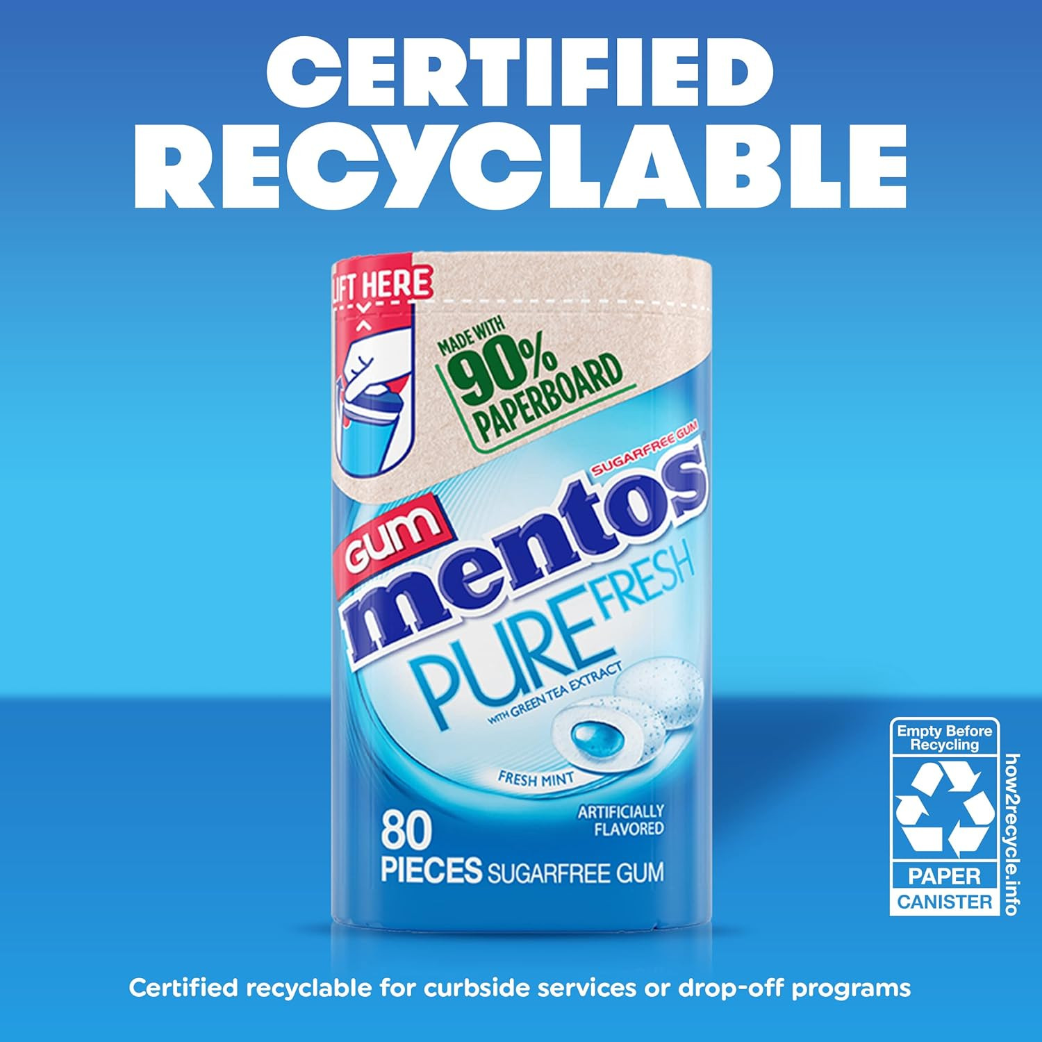 Pure Fresh Chewing Gum, Sugar-Free, Xylitol, Fresh Mint, 80 Piece Bottle, Recycl